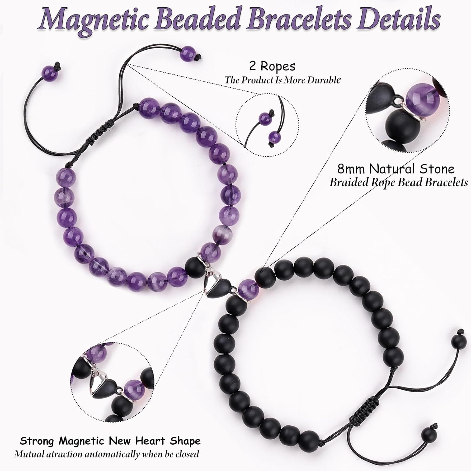 2 Pcs Magnetic Couples Bracelets Matching Adjustable Black-Amethyst