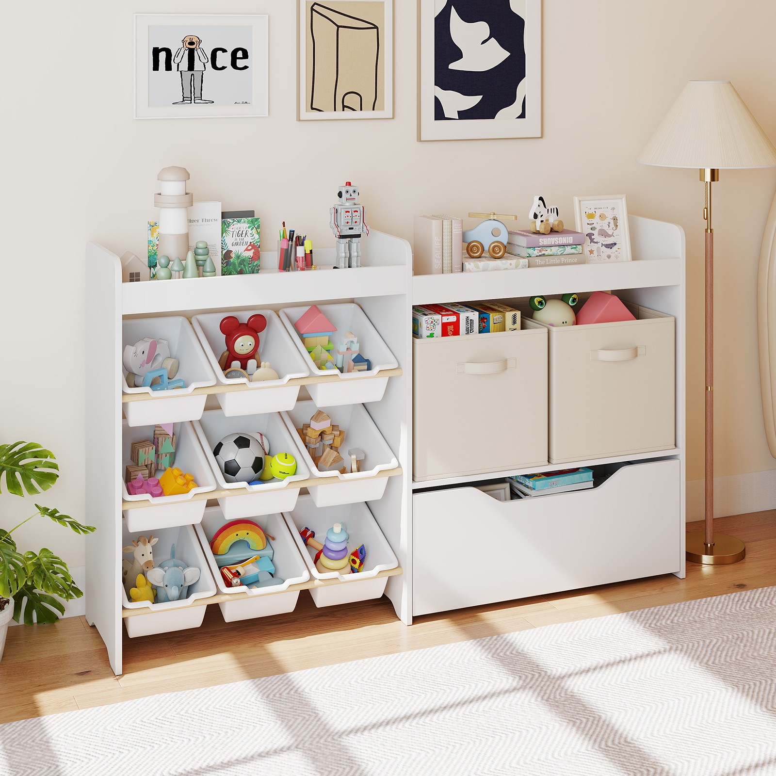 Kids Wood Toy Storage Organizer Toddler Bookshelf w/Bins,Movable Drawer Playroom
