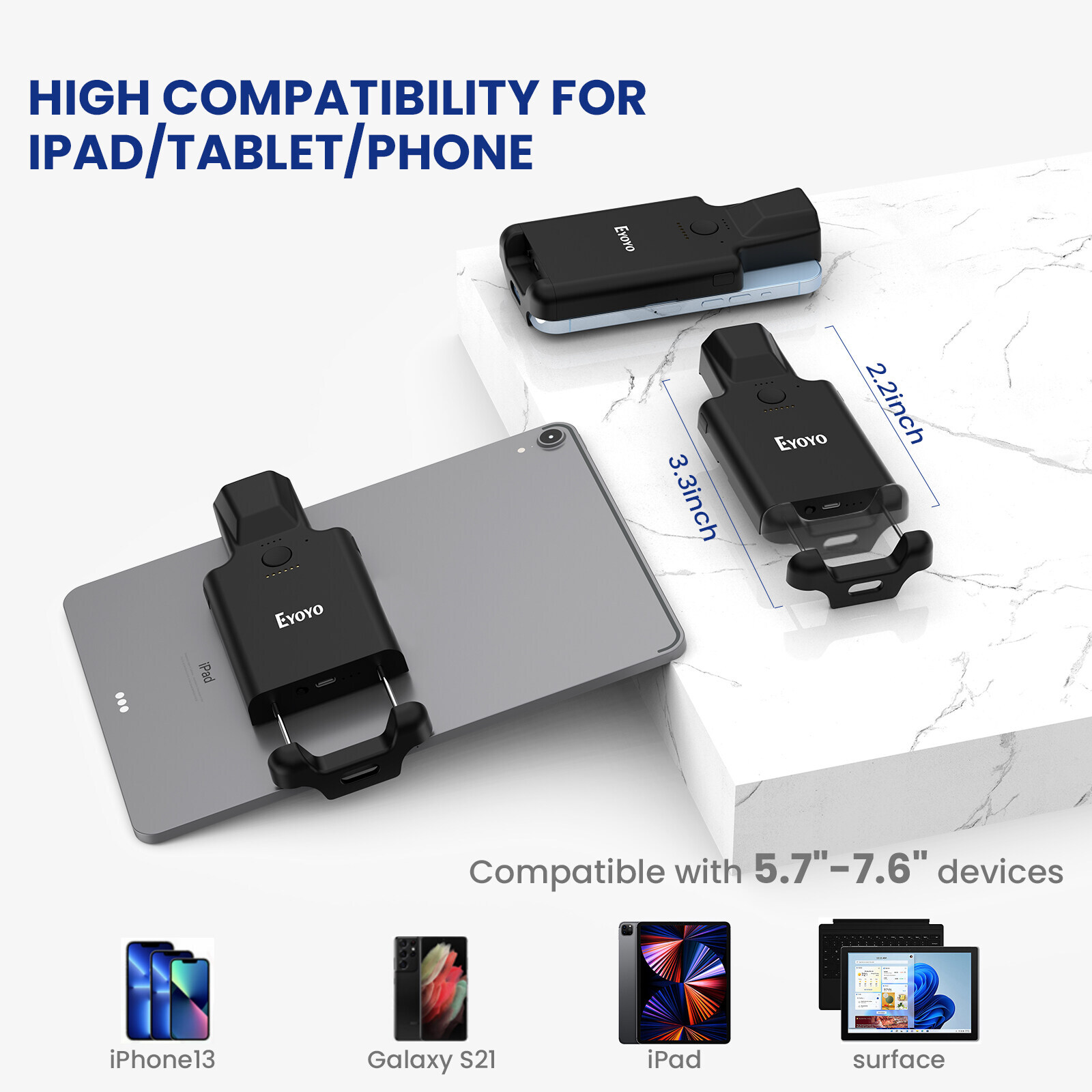 2D Back Clip Bluetooth Barcode Scanner, 3000mAh Battery,Wireless QR Code Scanner