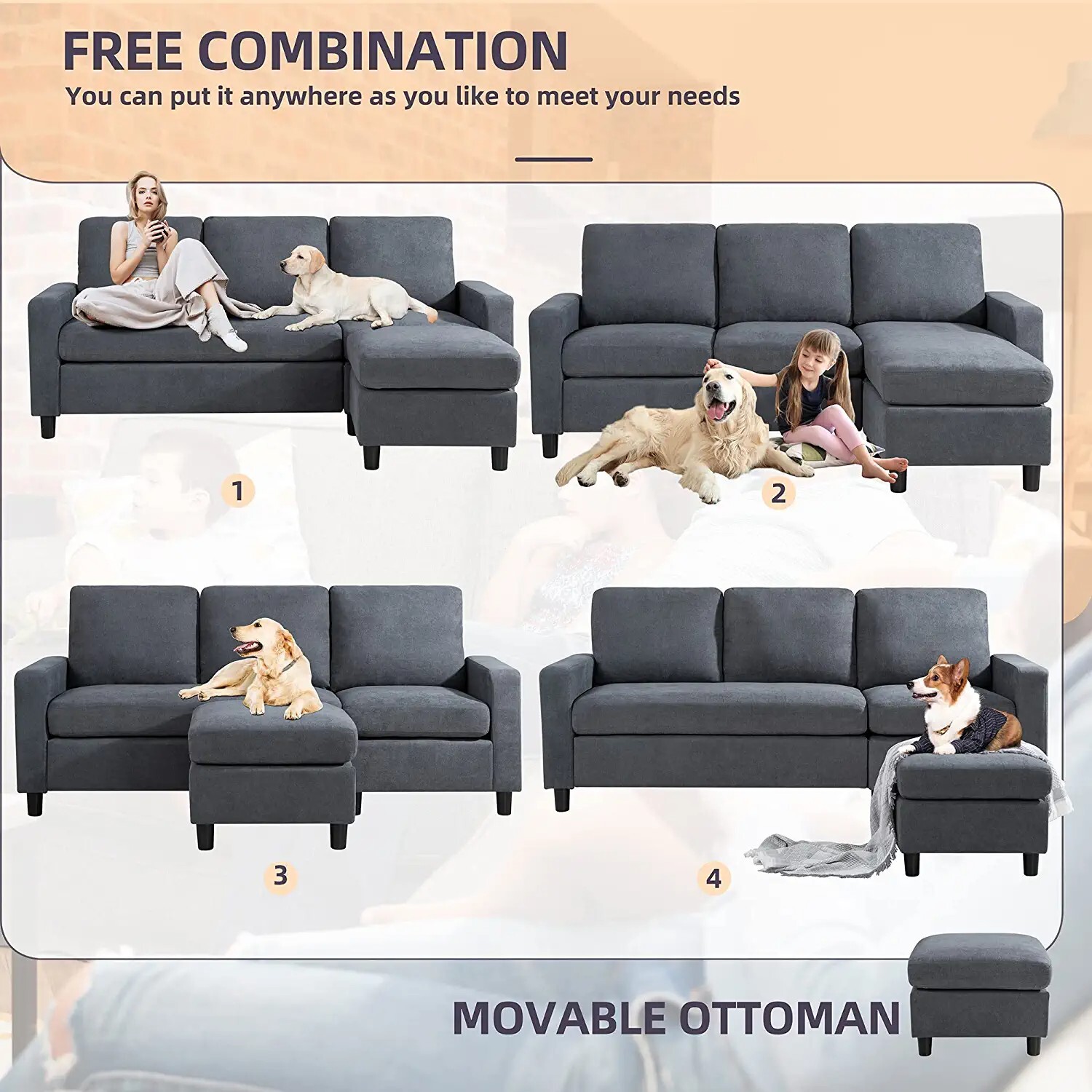Shintenchi Convertible Sectional Sofa Couch Modern Linen, Fabric L-Shaped Couch