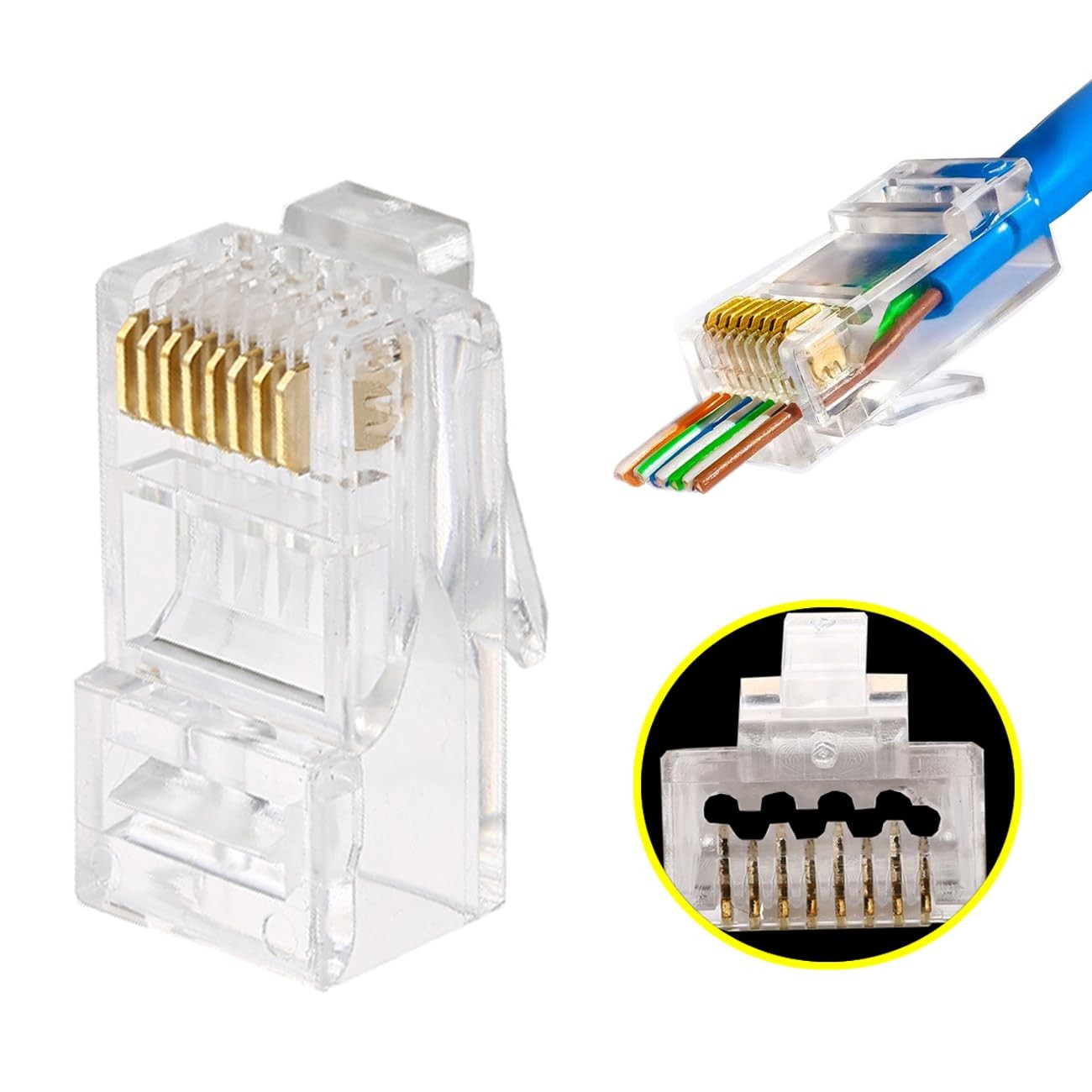 PETECHTOOL 100-Pack RJ45 Pass Through 100x Cat6 Connector, Gold-plated