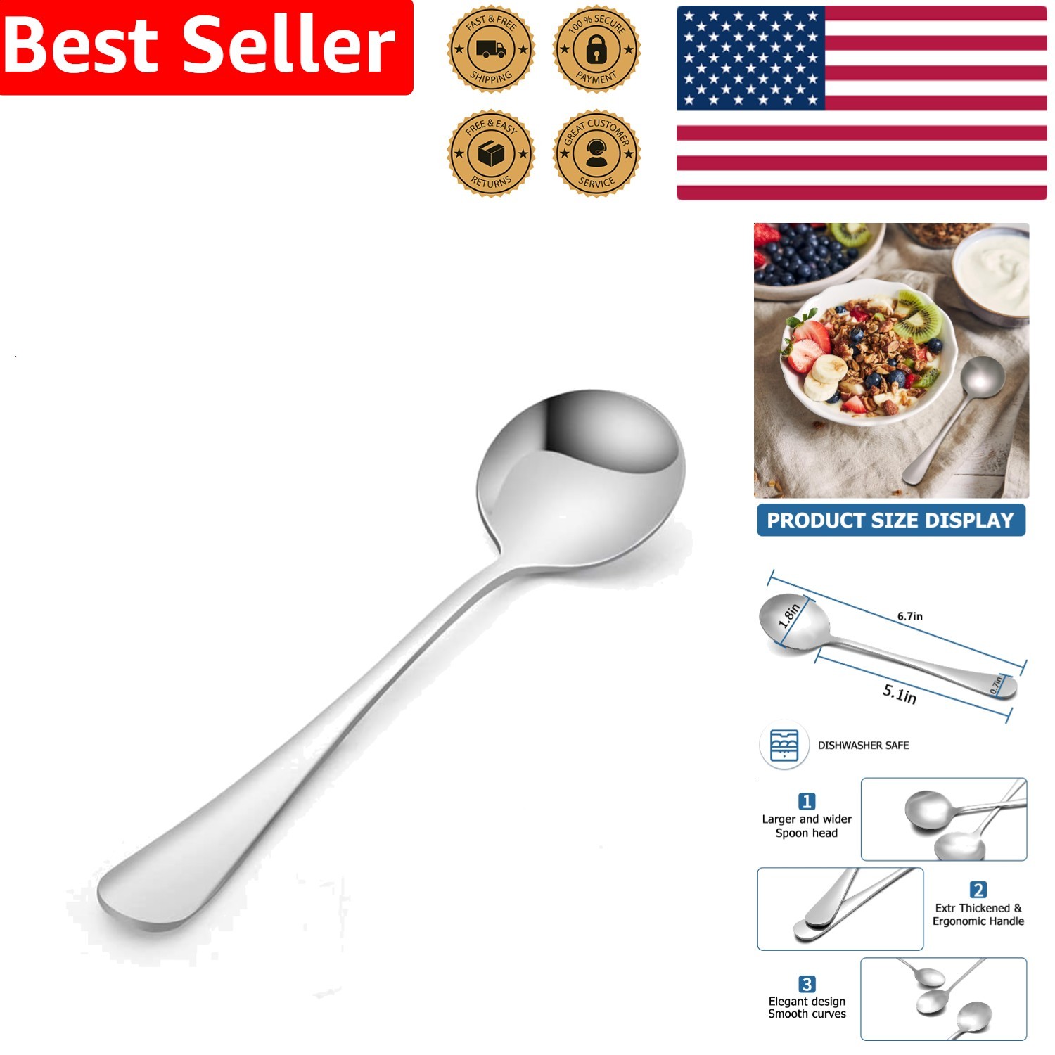 2pc Soup Spoons  Stainless Steel Heavy Duty Round Bouillon Flatware 6.7 inch