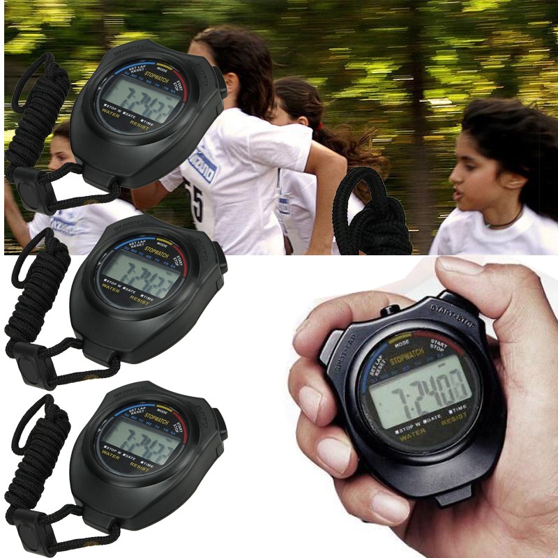 3X Digital Stopwatch Sports Counter Chronograph Date Timer Odometer Watch Black
