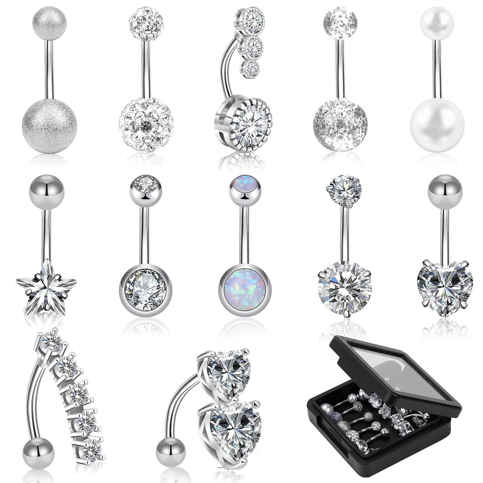 12/15/40Pcs Belly Button Rings 14G Belly Rings for Women CZ Dangle Curved Nav...