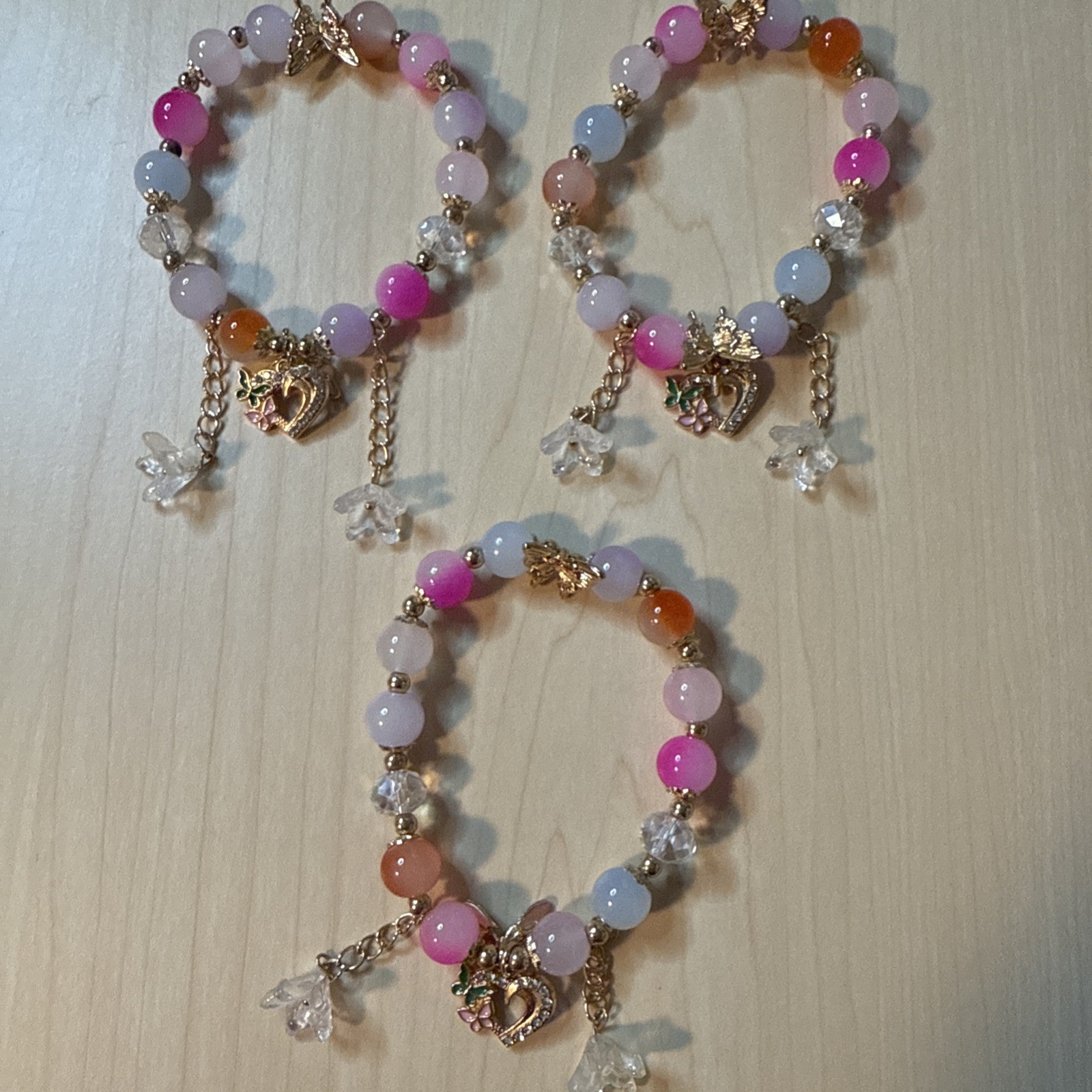 Handmade Multicolor Glass Beaded Bracelets w/ GoldTone Charms 3 pcs Stackable