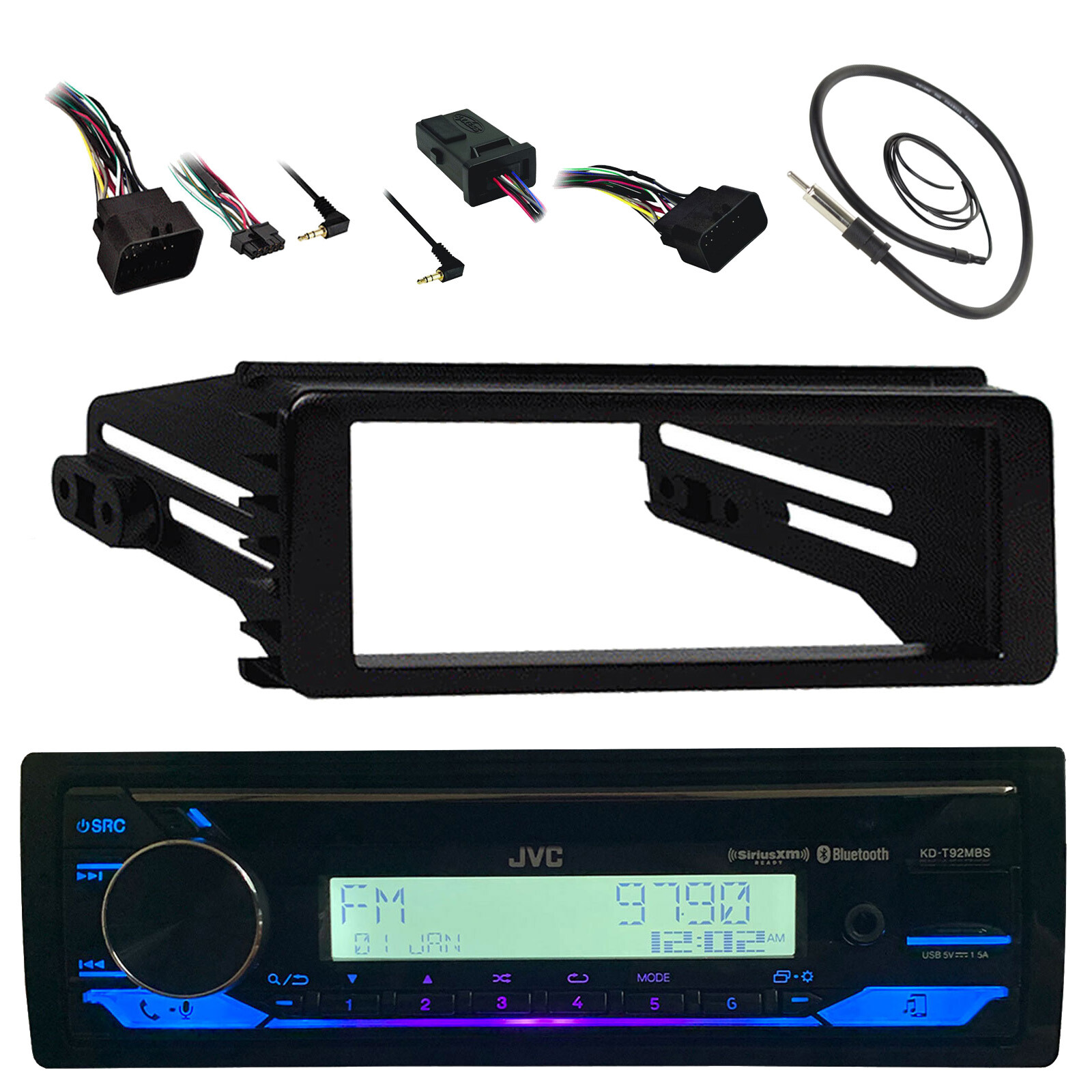 JVC CD Stereo Receiver, Antenna, Install Kit, Handlebar Controls (98-13 Harley)