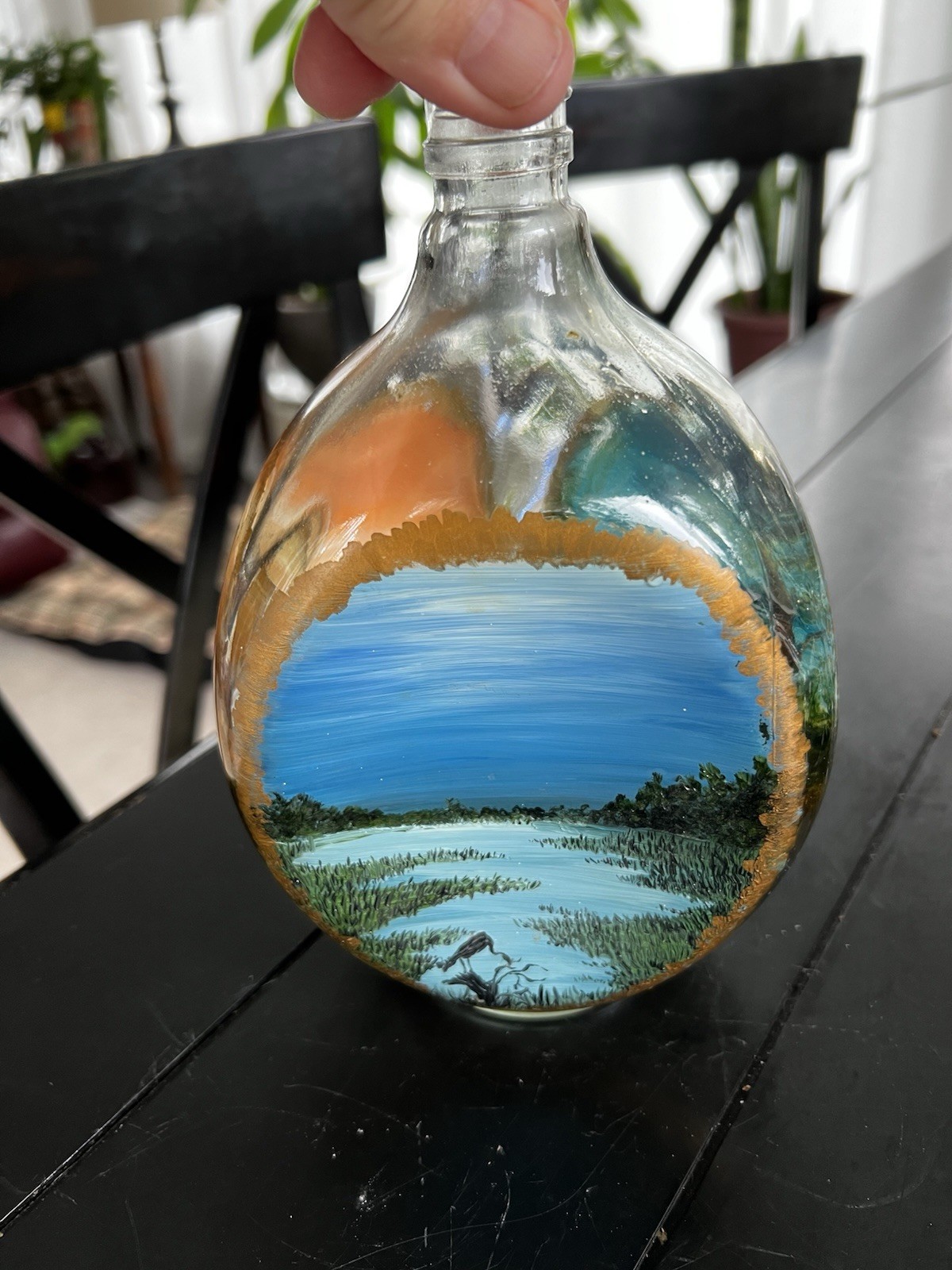 Hand Painted Three Sided Vintage Glass Haig & Haig Scottish Whiskey Bottle