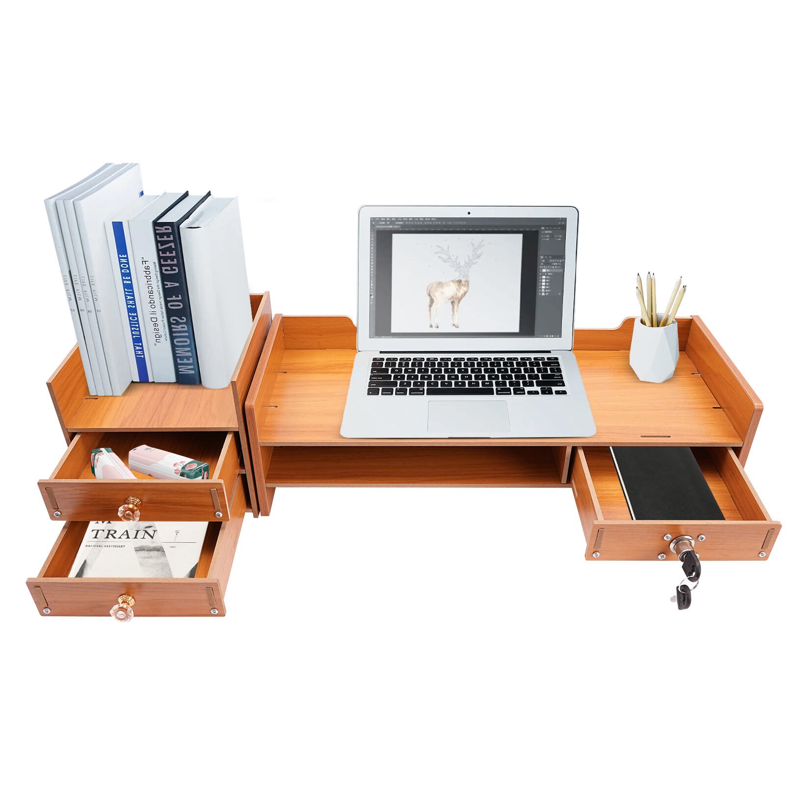 Wooden Desk Organizer with Drawers Office Supplies Computer Desktop Tabletop