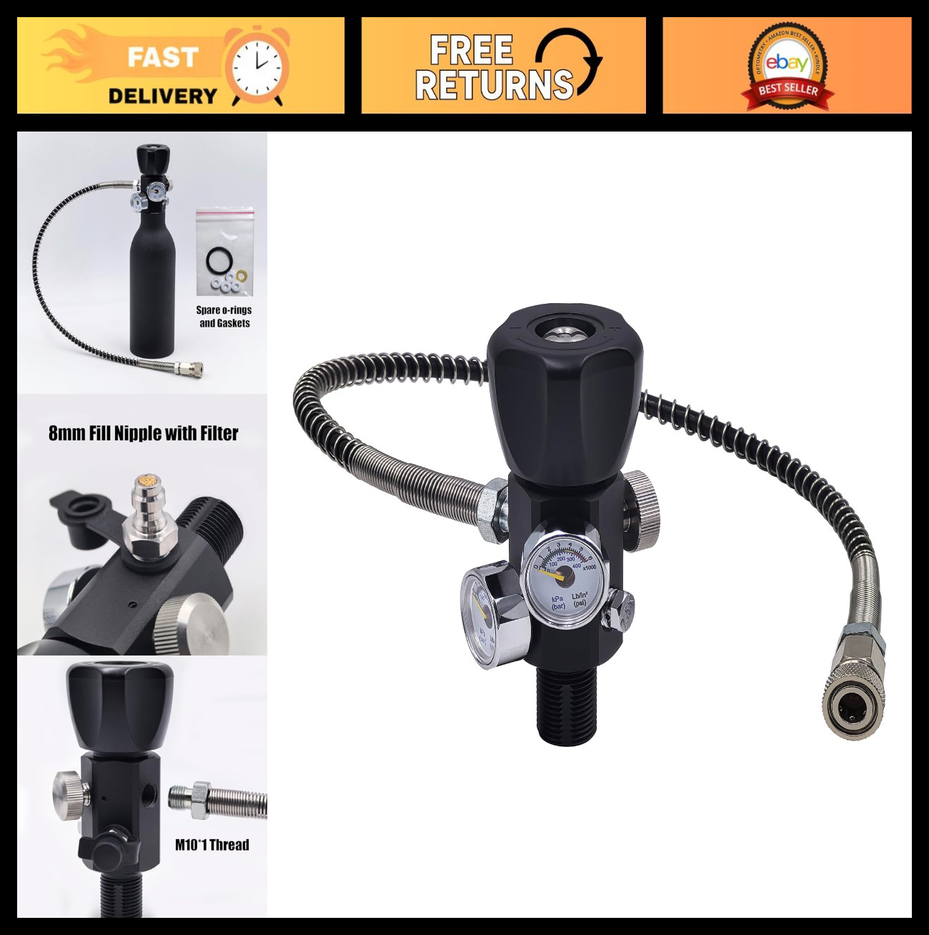 DIN Valve Fill Station Adapter 4500psi/300bar, 20" Hose, Dual Gauge for Scuba, P