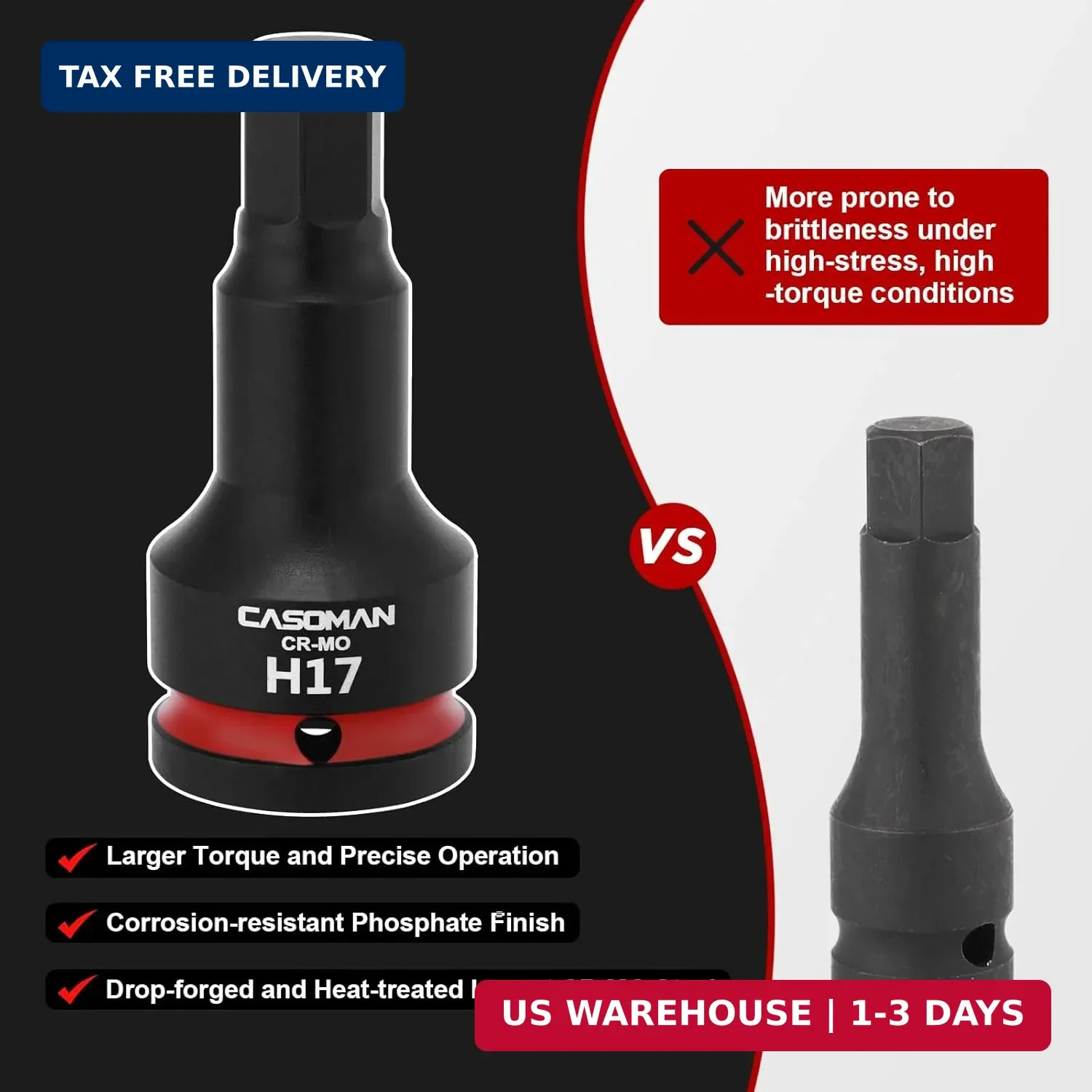 CASOMAN 3/4" Drive Large 17mm Impact Hex Bit Socket, One-Piece H17 Allen Socket