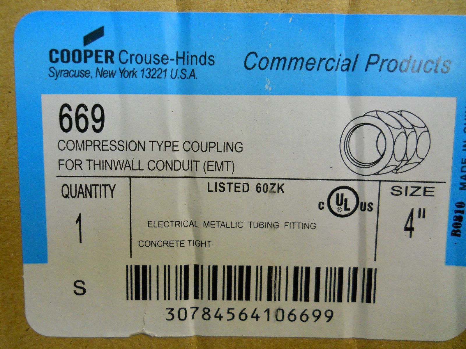 COOPER CROUSE-HINDS 669 THINWALL CONDUIT COMPRESSION TYPE COUPLING 4" NEW IN BOX