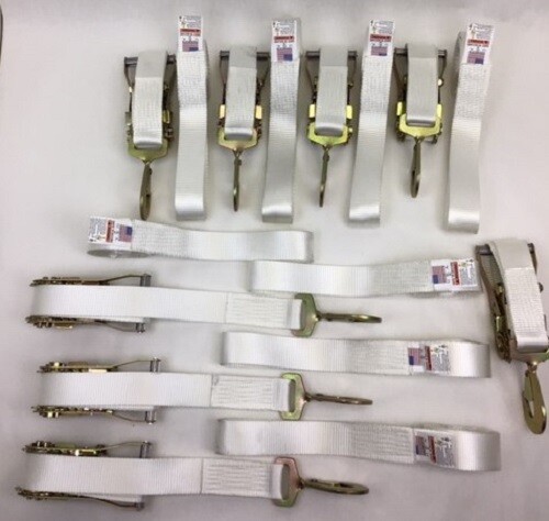 8 pk of 2" x 14' White Tent Straps w/ Loops & Twisted Snap Hook Ratchet Handles