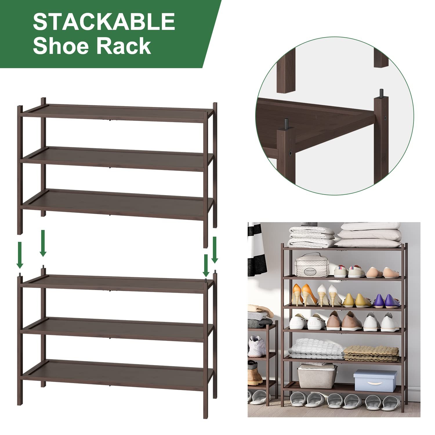 Bamboo Shoe Rack for Entryway, 3-Tier Stackable | Foldable | Natural, Shoe Or...