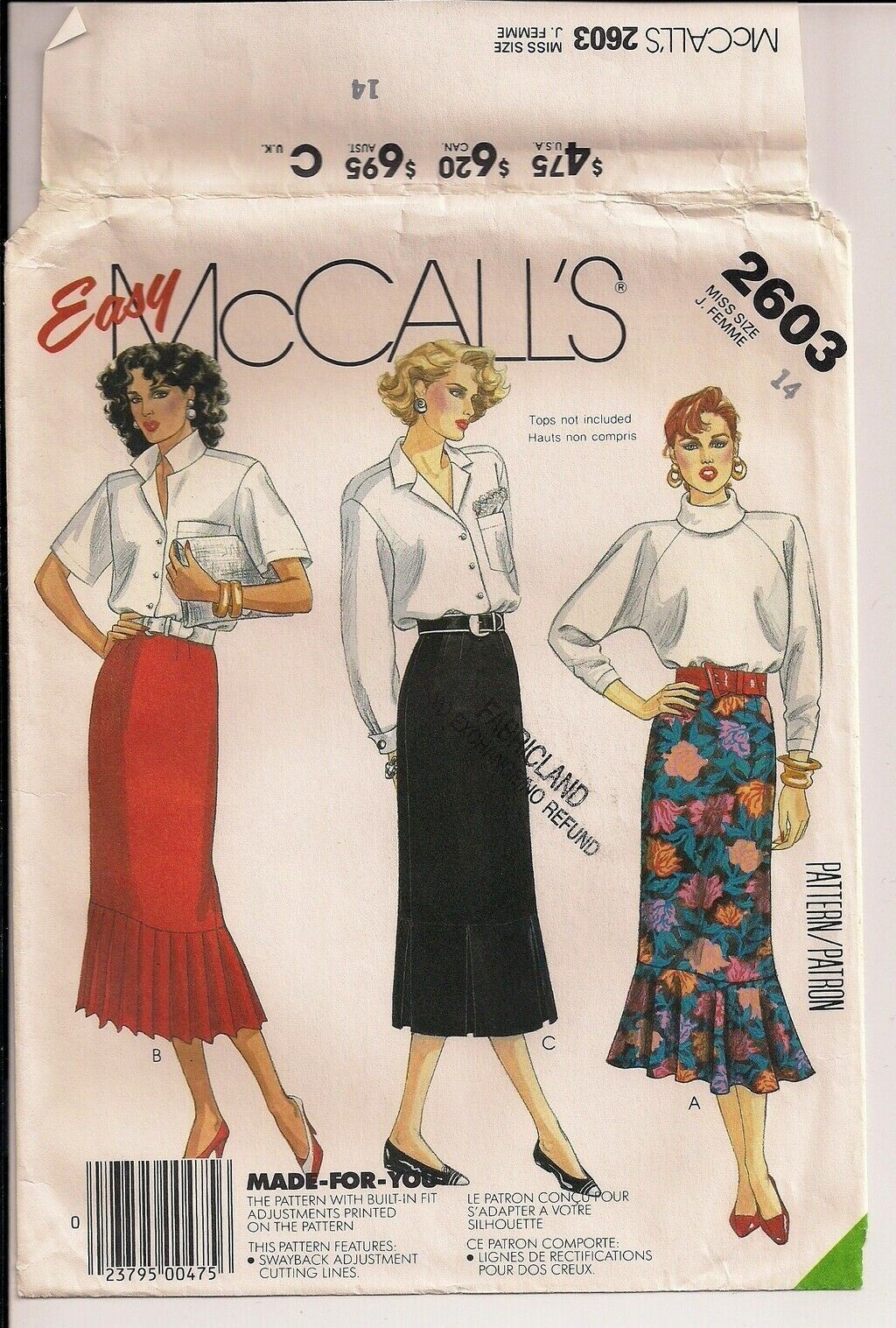 McCall sewing pattern 2603 ~Straight Skirts~ Pleats or Flare/Flounce Hem, sz 14