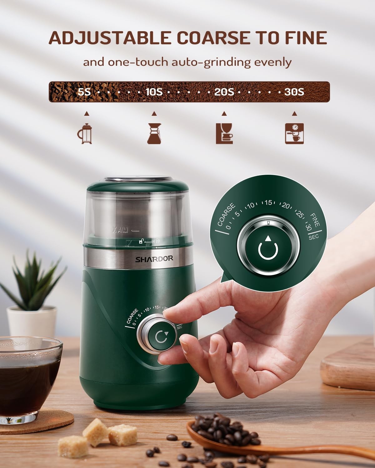 SHARDOR Electric Super Silent Blade Coffee Grinder, Timed Control