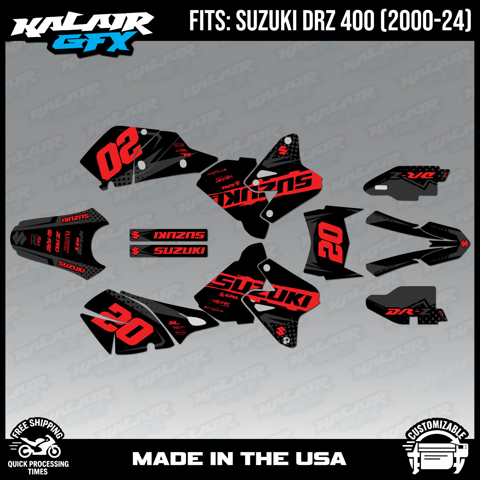 Graphics kit for Suzuki DRZ400 SM, S and E (2000-2024) Spear - Red Shift