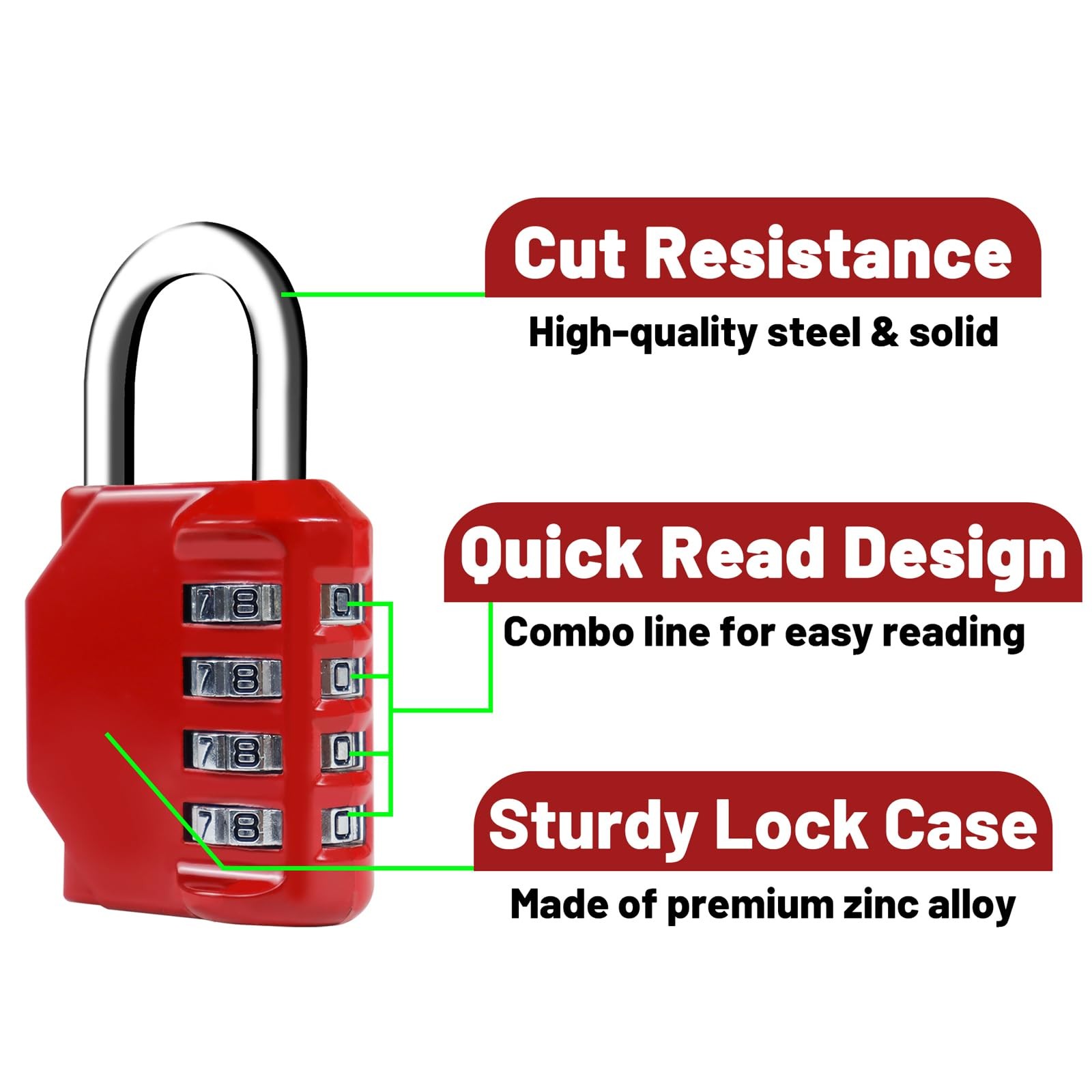 Combination Lock 4 Digit, Resettable Locker Lock,Waterproof Metal Red