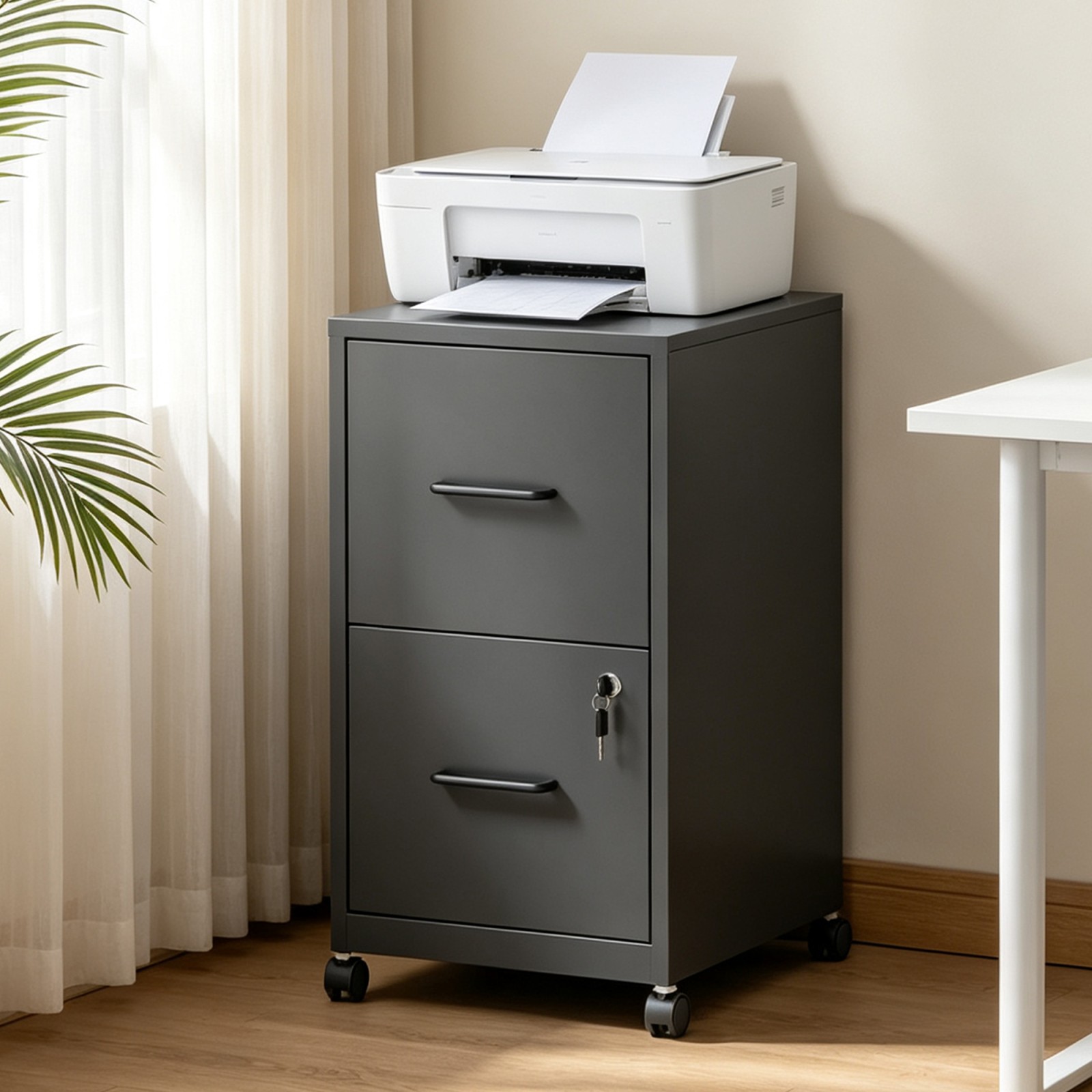 2-Drawer Lockable Metal File Cabinet with Wheels, Under Desk, Black