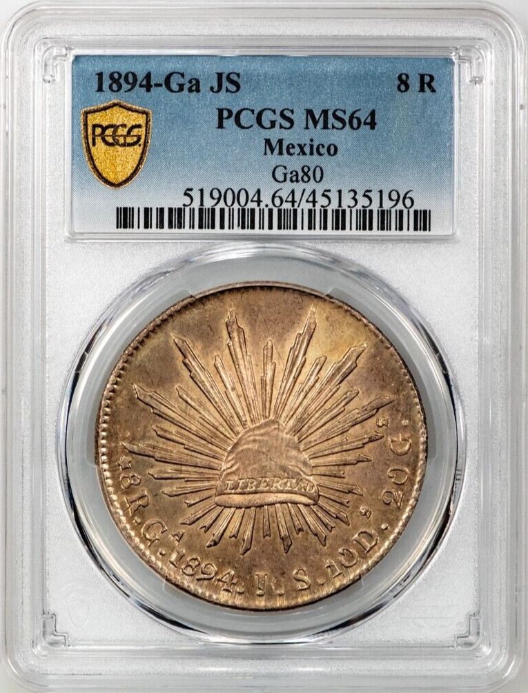 Mexico 1894 Ga JS 8 Reales - Rare Guadalajara Mint Issue - PCGS MS64