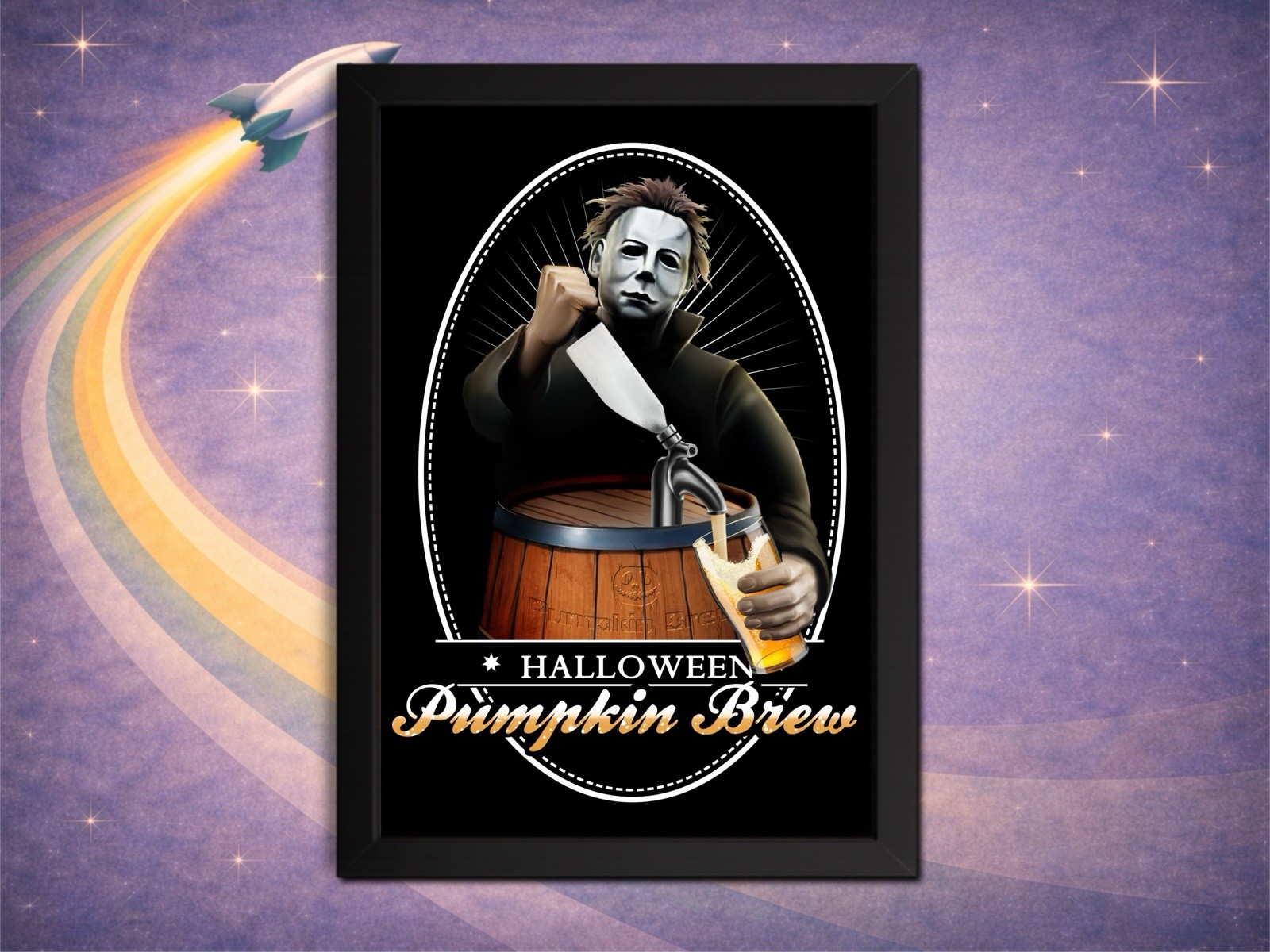 Framed Michael Myers Beer Parody Print | ClassicSciFi Halloween Art 8×12