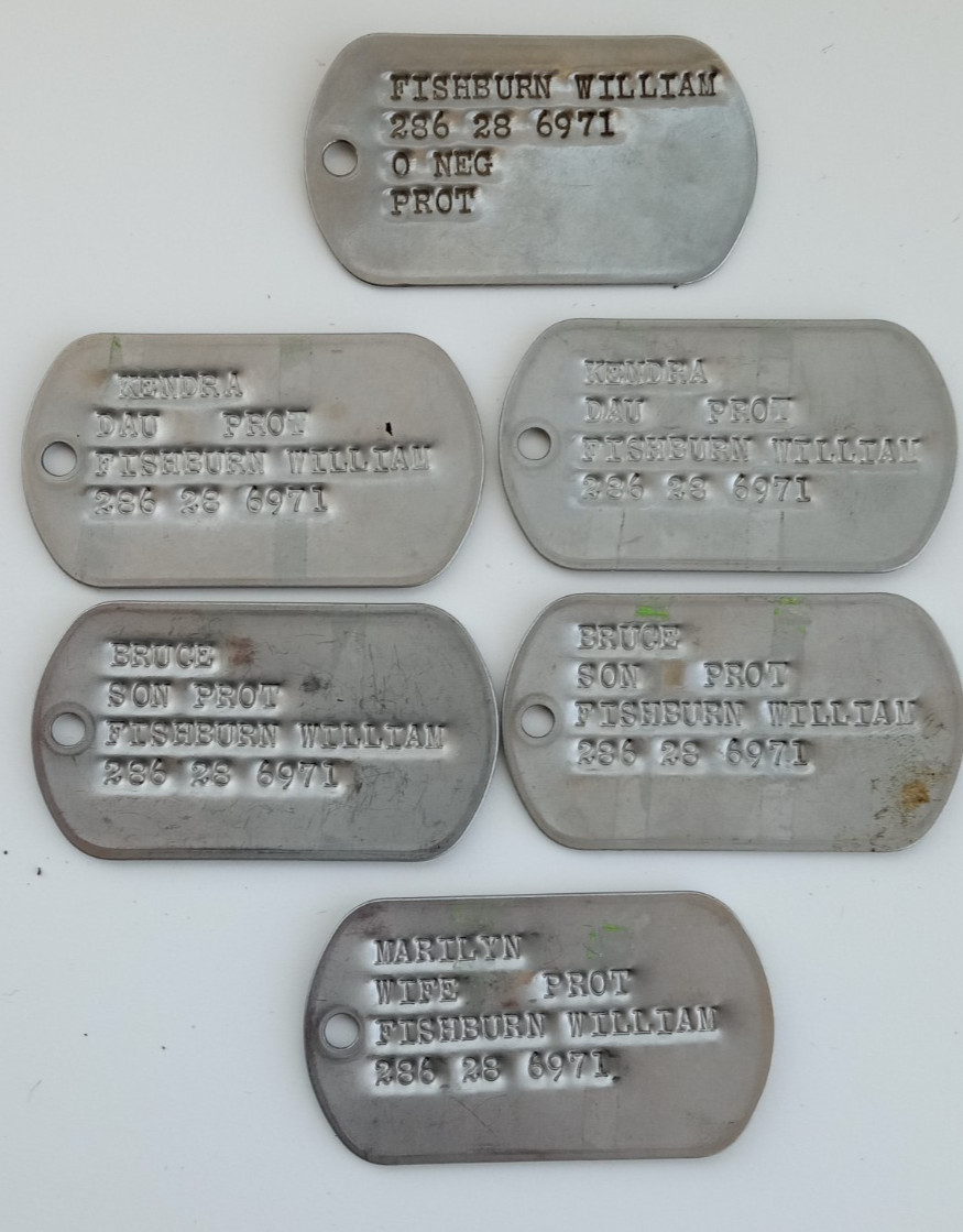 6 1970s ERA MILITARY AIR FORCE DOG TAG OKINAWA FAMILY WIFE CHILDREN HUSBAND