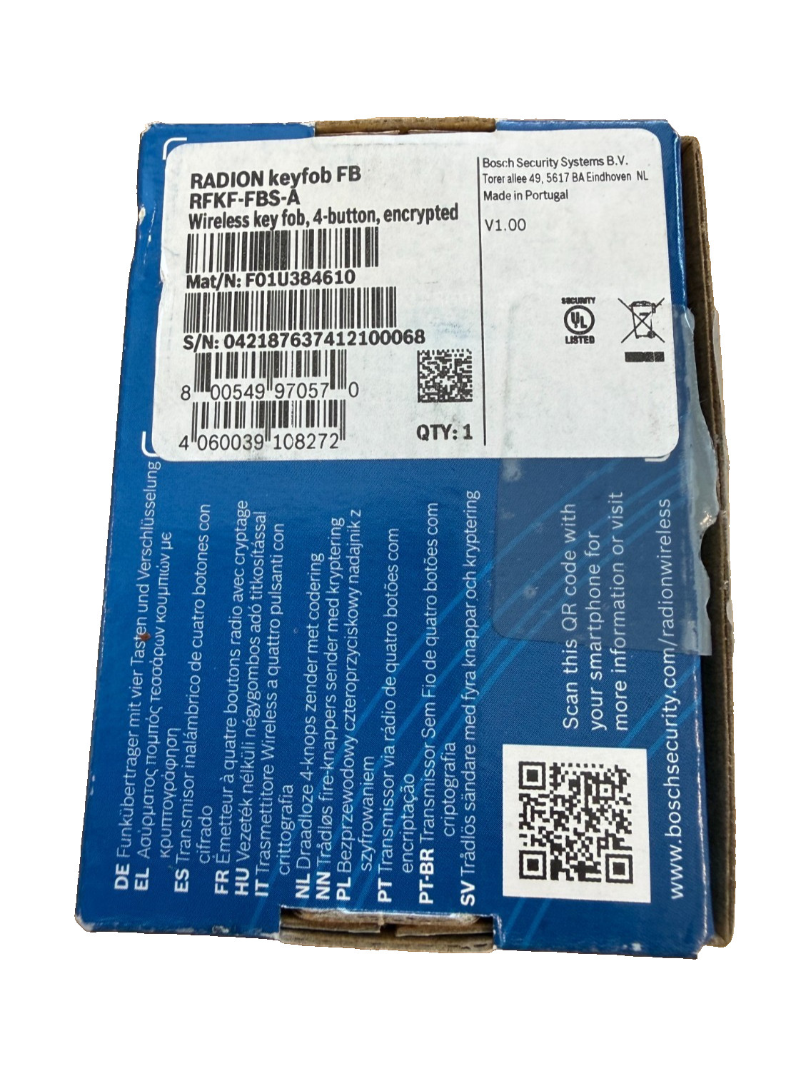 Bosch RFKF-FBS-A Encrypt 4-Button Programable Keyfob Transmitter *MISSING SCREW*