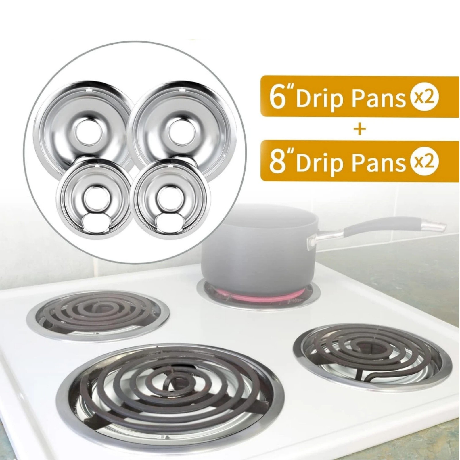 Universal Fit Most Range Stove Chrome Drip Pans Burner Bowls Set 2/ 6" 2/ 8"