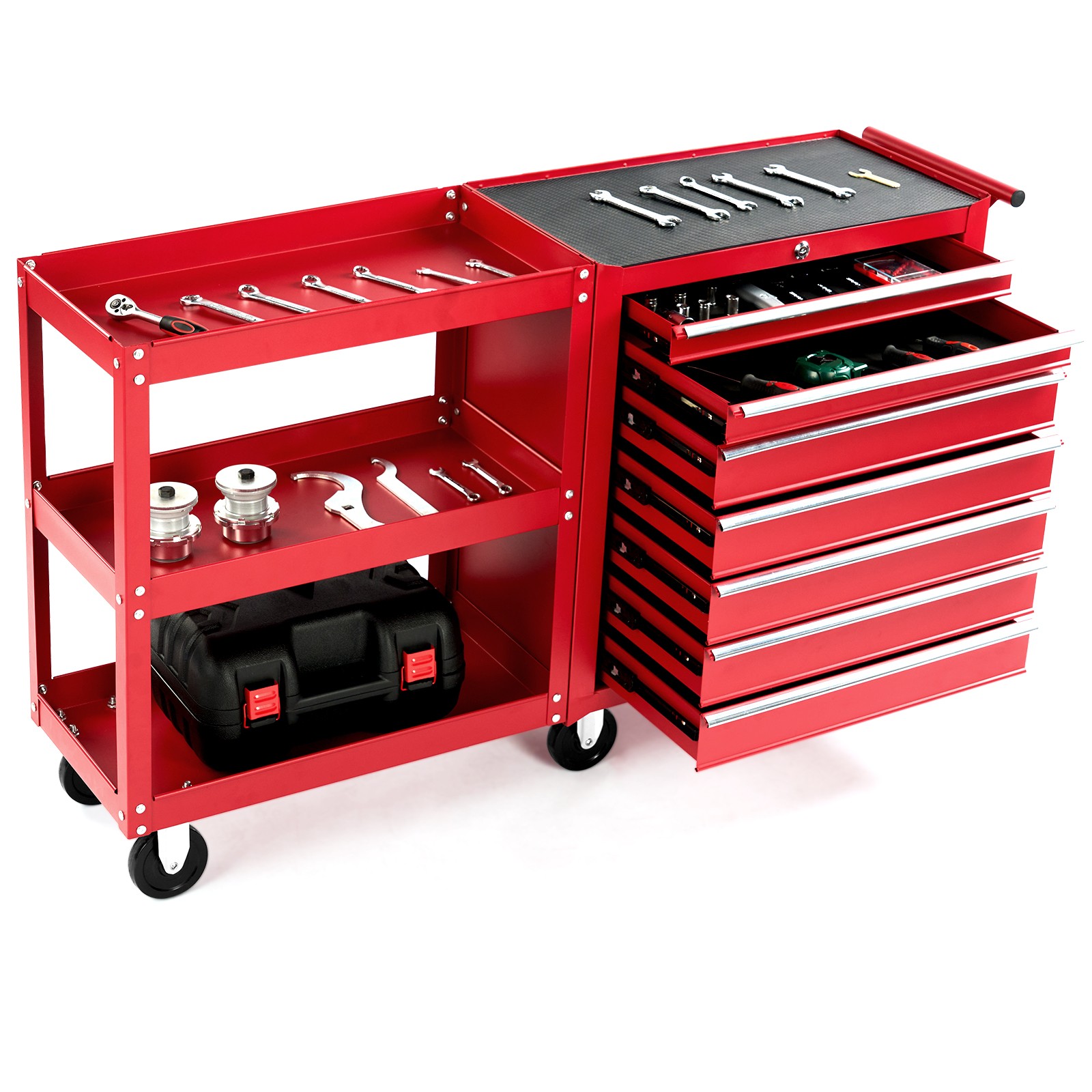 7-Drawer Tool Chest with Side Shelves, Lock & Key, 6 Wheels Tool Box Organizer