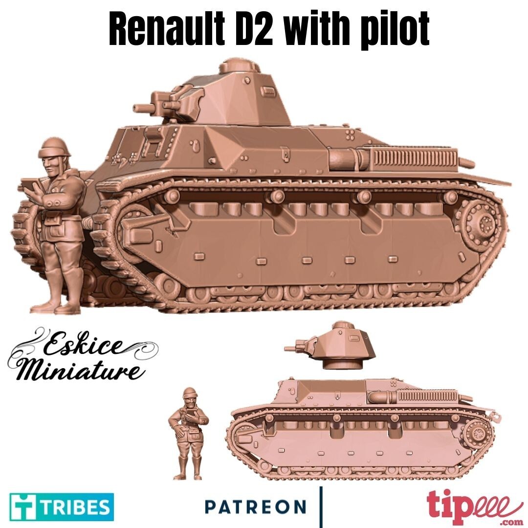 Eskice Miniatures WW2 Early War French D2 Tank & Pilot WWII Bolt Action 15 28mm