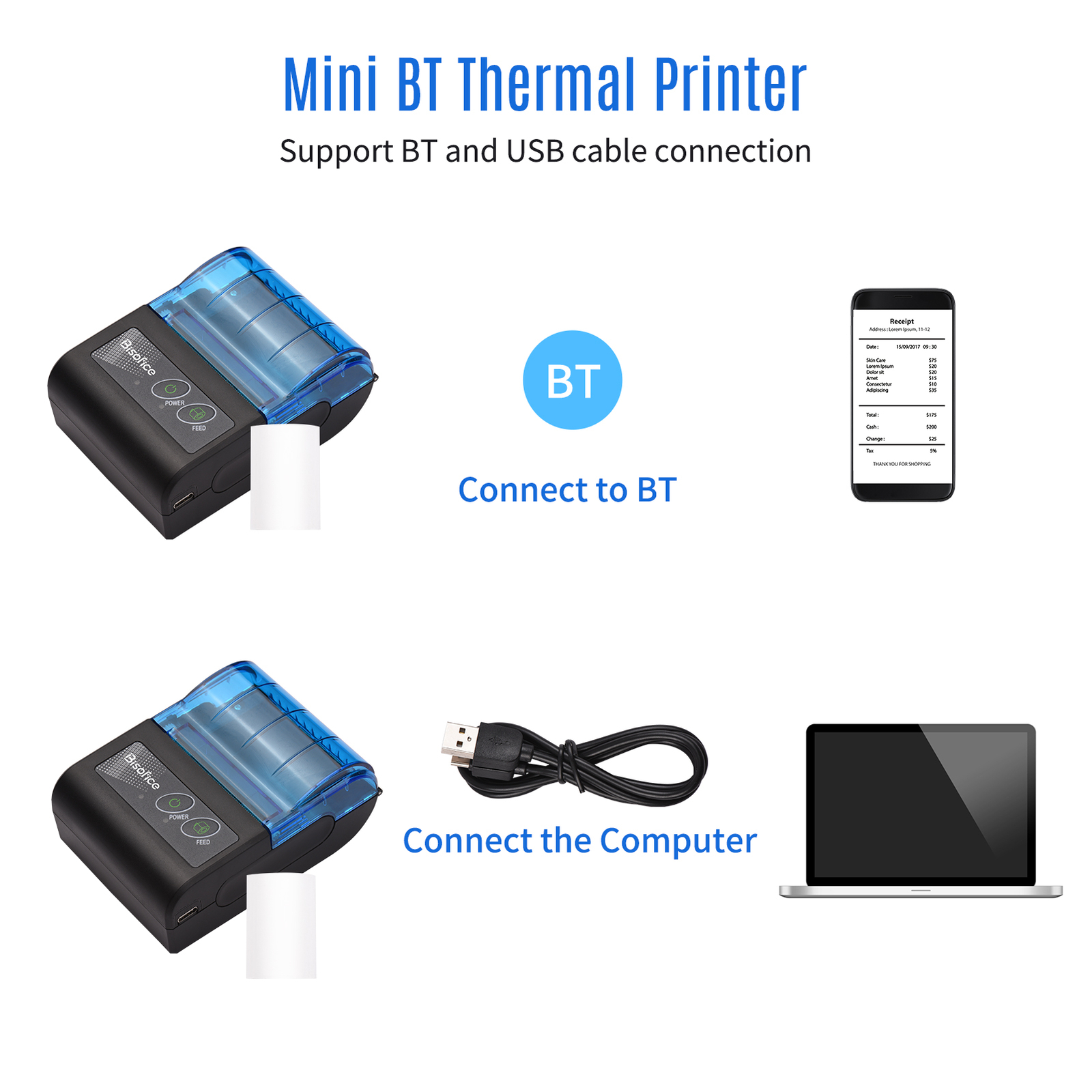 Portable Mini Thermal Printer 2 inch Wireless USB Receipt Ticket Printer T4Q3