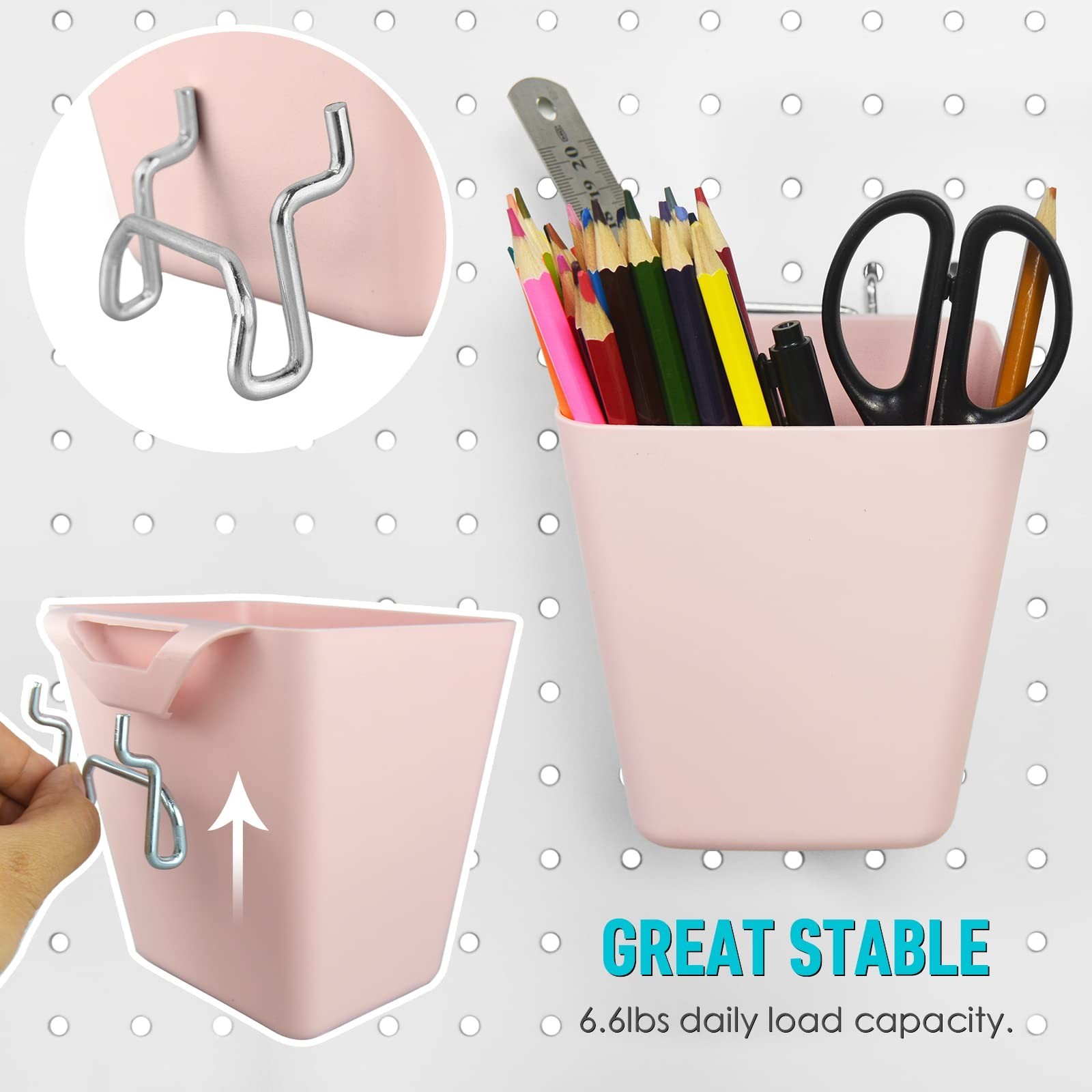 G.CORE Large Pegboard Cups Peg Board Storage Bin 6 Pack with Hooks, Square Bo...