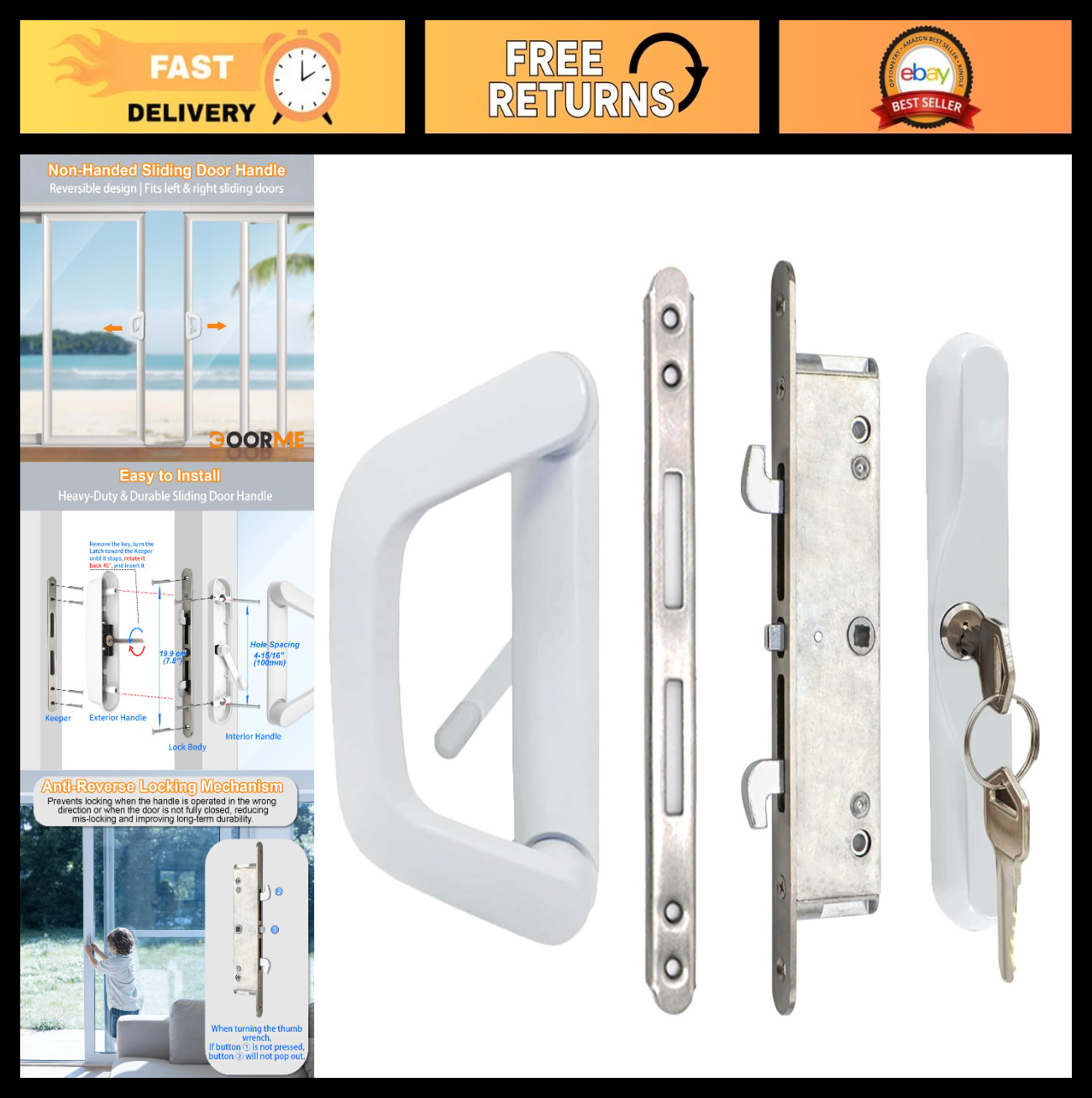 Sliding Glass Door Handle Set with Mortise Lock & Keys, Fits 1.5"-2" Thick Doors