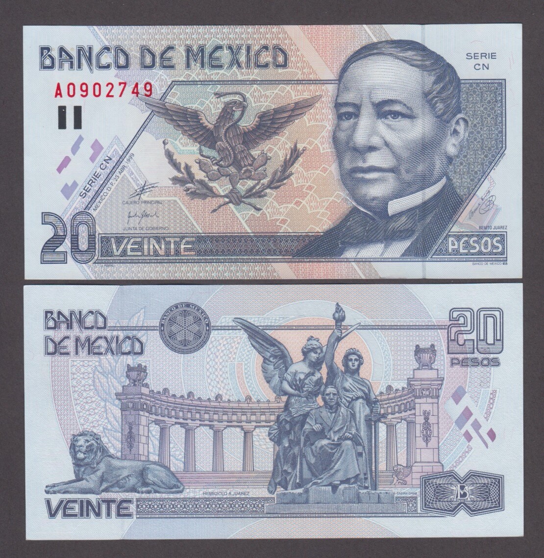 MEXICO P.106d  20 PESOS 23.4.1999  CN. UNC WE COMBINE  yyy  2403