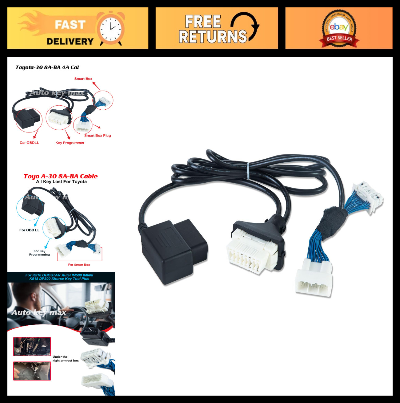 OBDII Diagnostic Cable Adapter for All Keys Lost - Toyota 30 Pin 8A-BA 4A Models