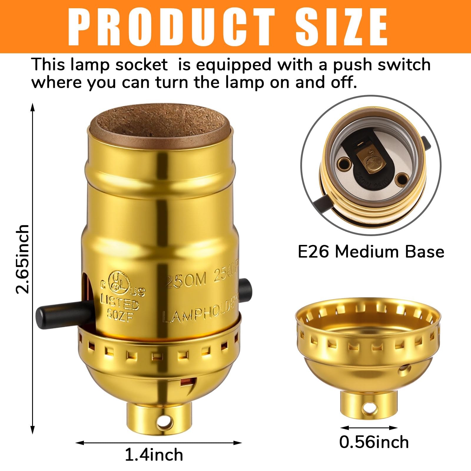 2 Pack UL Listed Lamp Socket with Push On/Off, E26 Threaded Base, Medium Scre...
