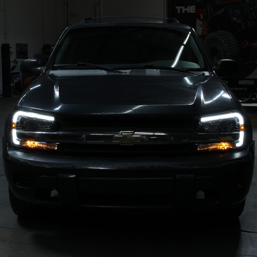 2002-2009 Chevy Trailblazer Black LED Tube Projector Headlights Pair Left+Right