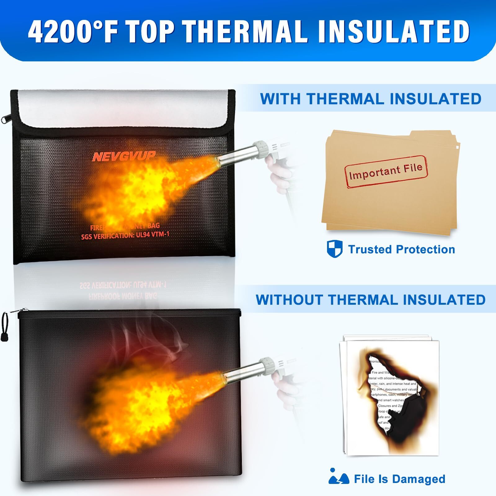 4200°F Fireproof Money Bag for Cash -Heat Insulated 9.8 x 6.5" Fireproof Docu...