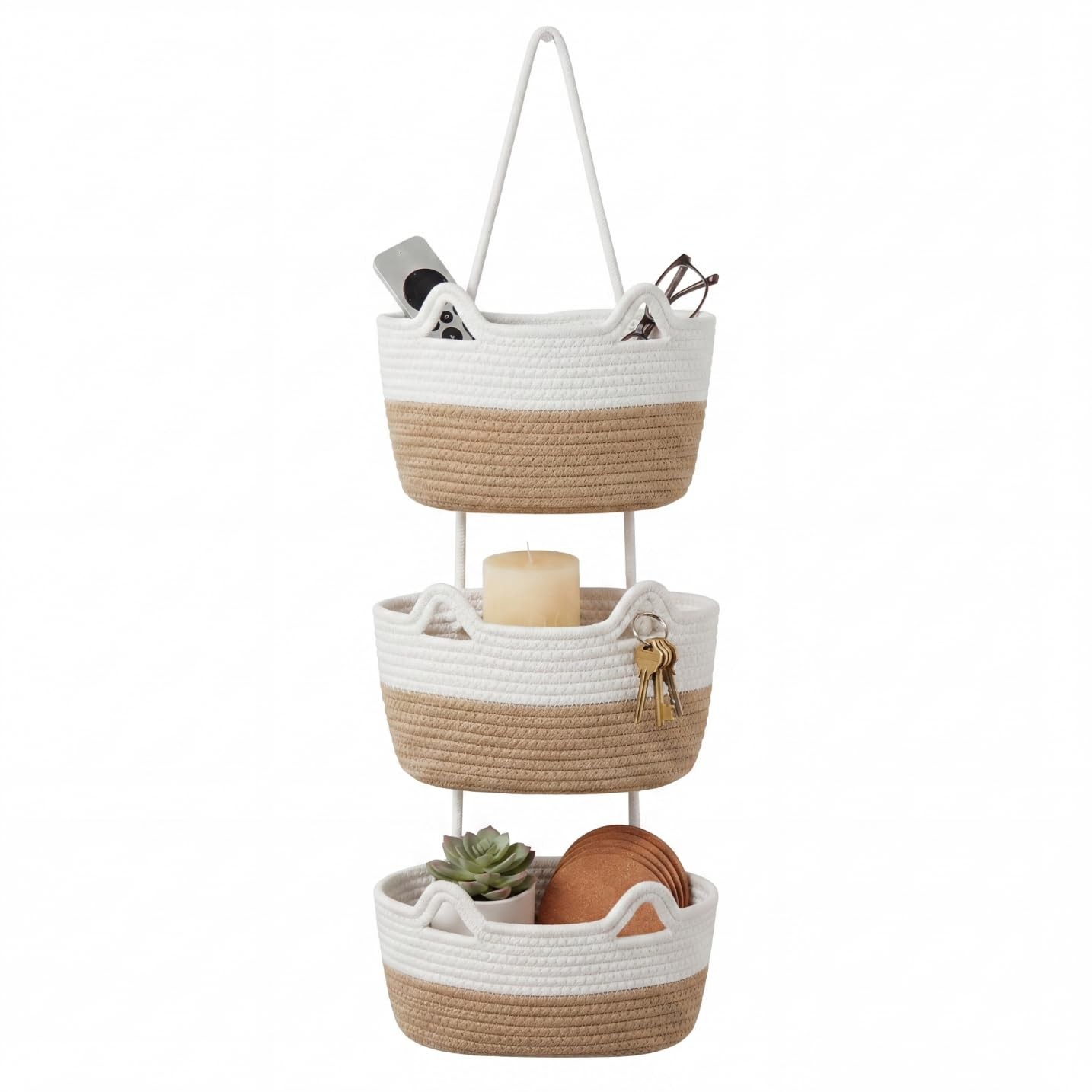 Hanging Basket, Woven 3 Tier Over Door Basket with 4 Hooks