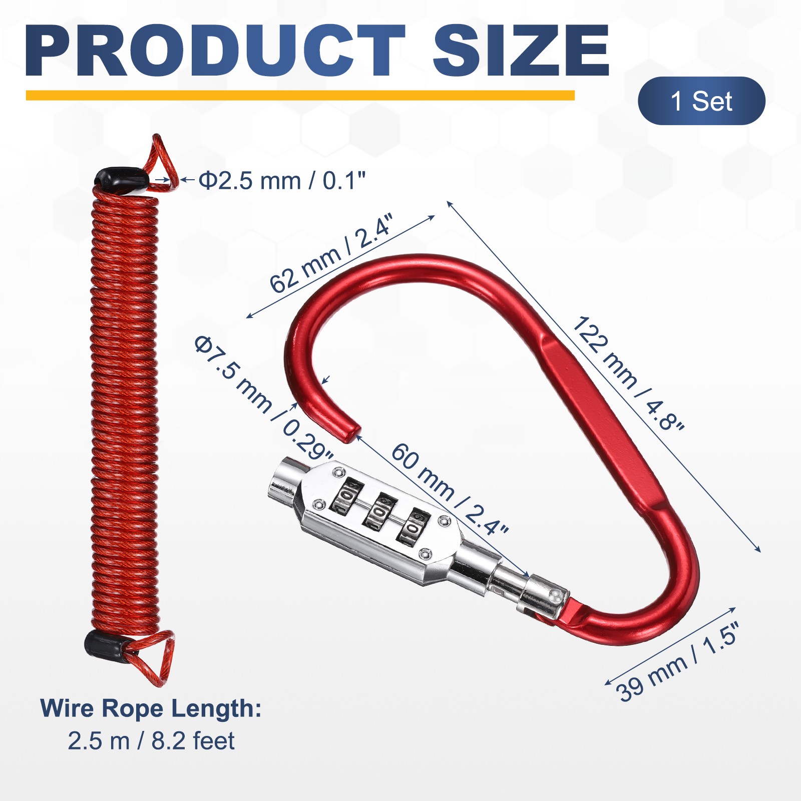8.2Ft Security Cable Lock Steel Safety Cable with 4.8" Combination Lock Red
