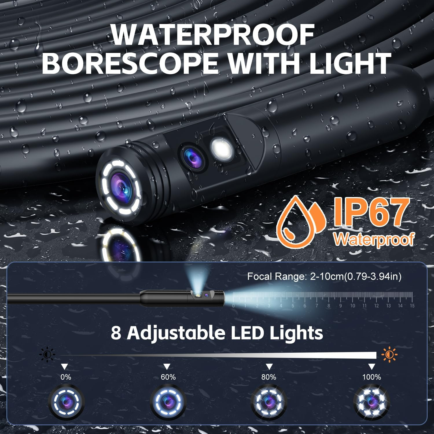 Dual Lens Endoscope Camera with Light, 1920P HD Borescope Camera