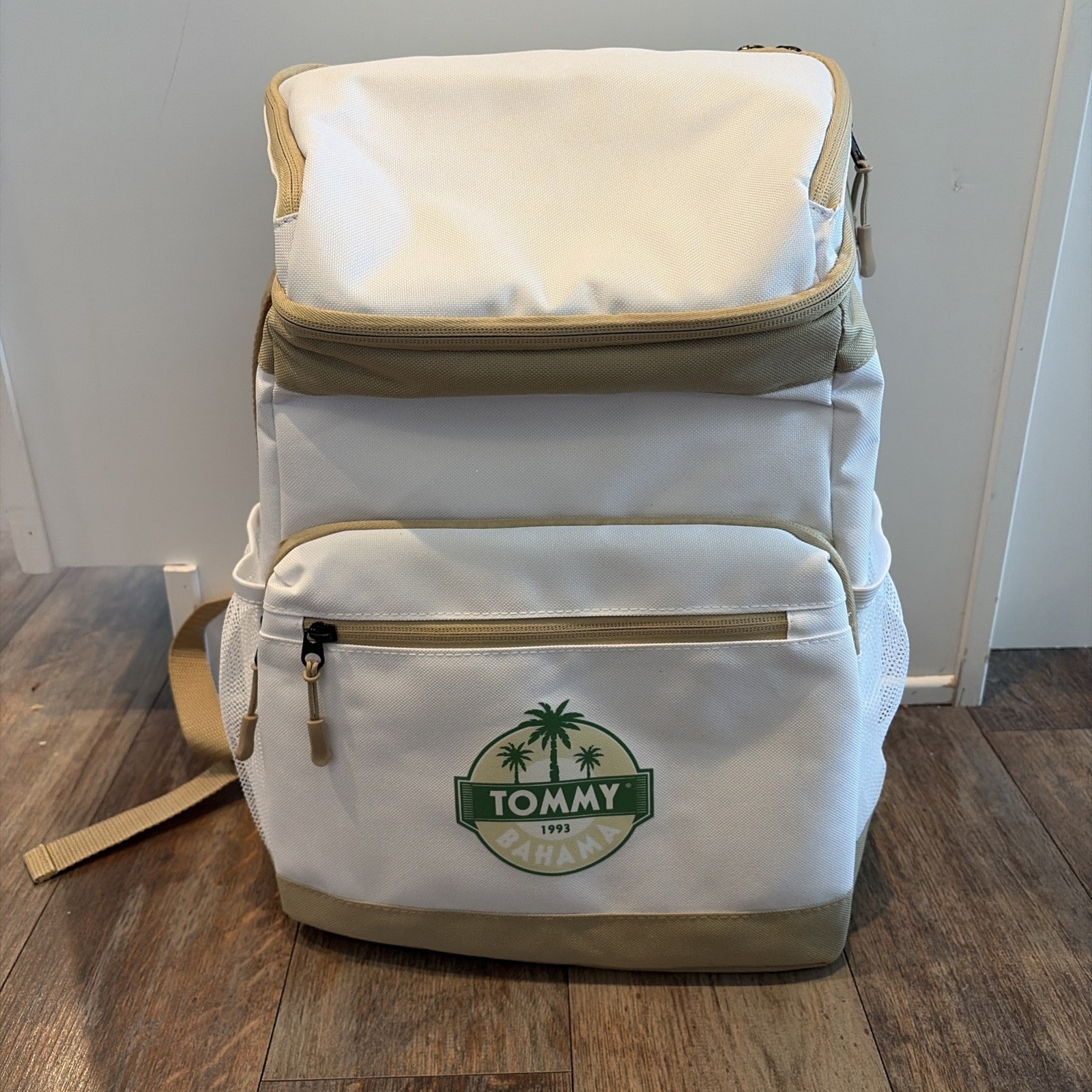 Tommy Bahama Insulated Backpack Cooler, White, Tan, 4 Zippered Compartments