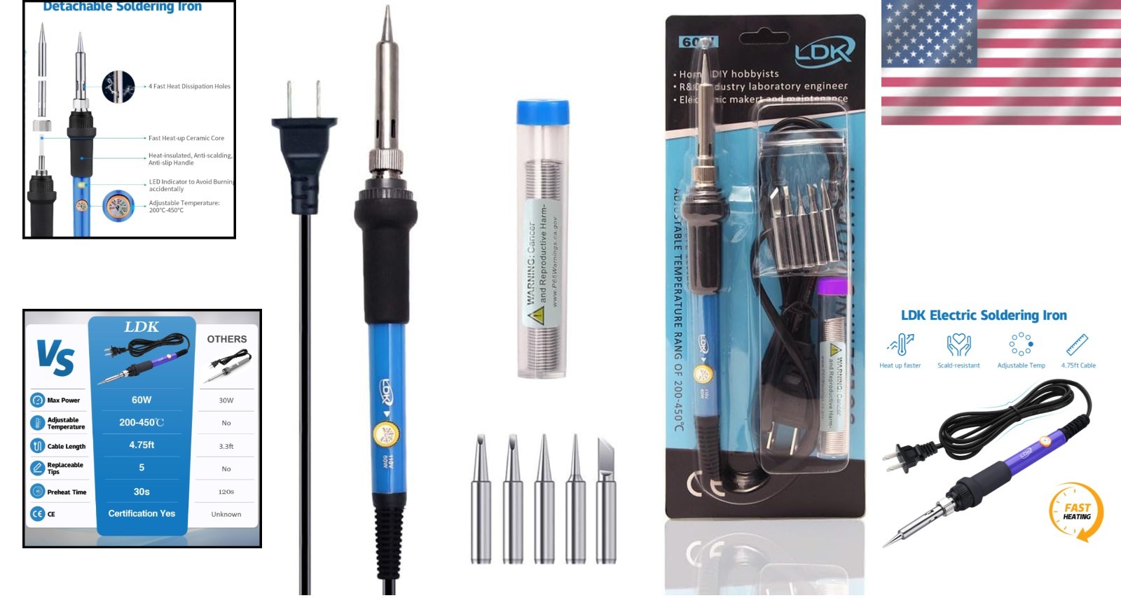 60W Adjustable Temperature Soldering Iron Kit with 5 Tips for Easy DIY Repairs