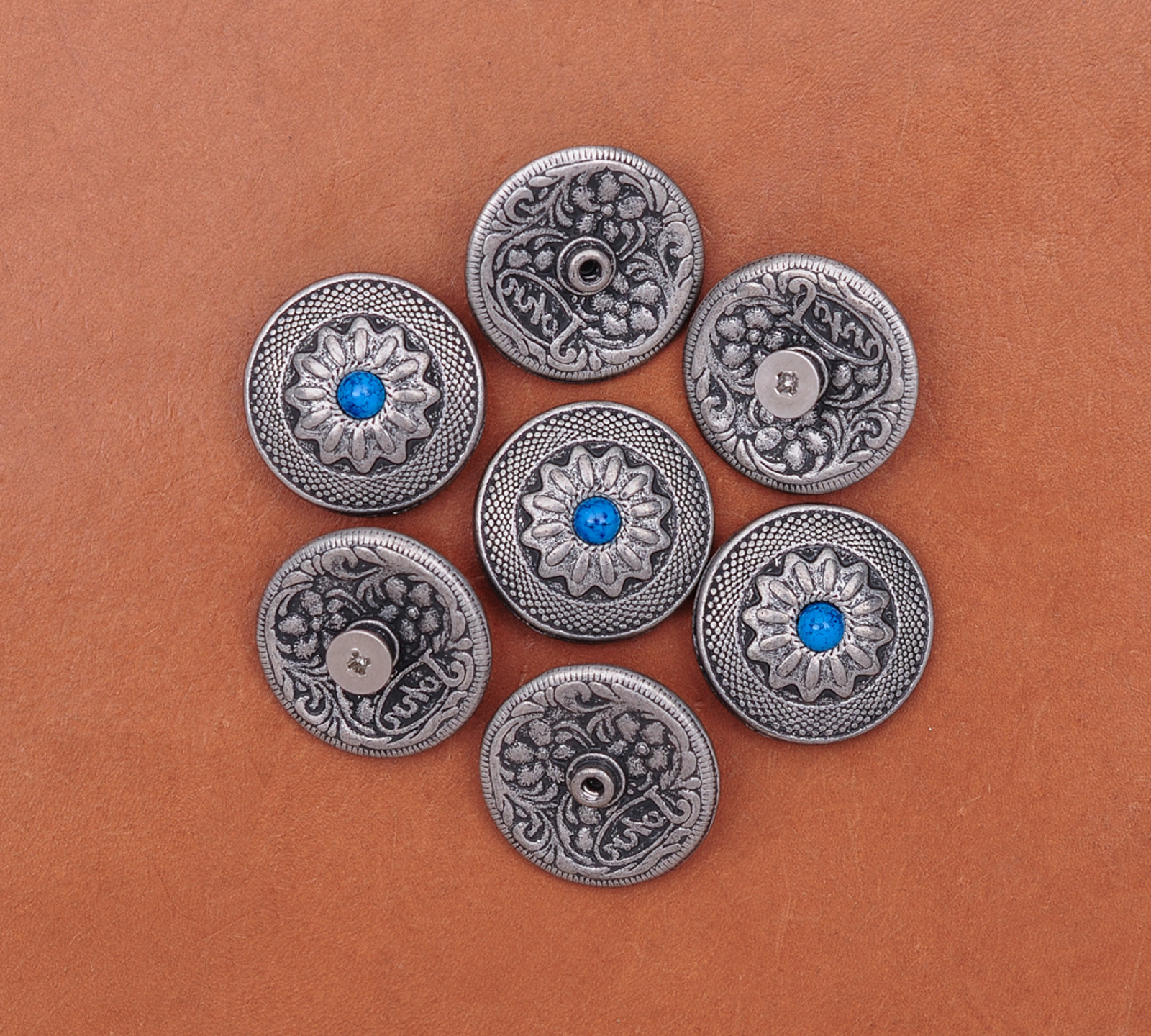 10PC 25X25MM Vintage Silver Sun Flower Turquoise Rope Screwback Tack Conchos Set