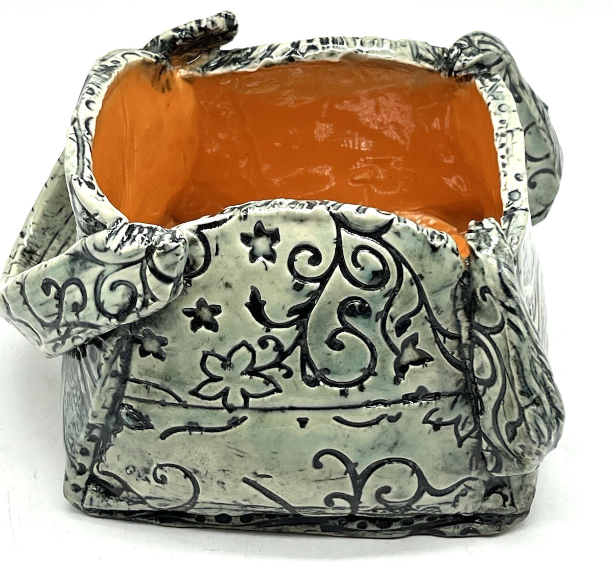 OOAK Studio Art Pottery Planter Handbag Shape Green Embossed Flowers Signed