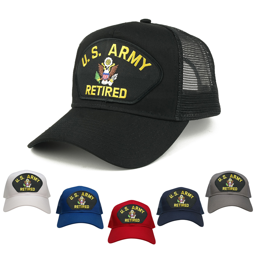 US ARMY Retired Large Embroidered Iron on Patch Adjustable Mesh Trucker Cap