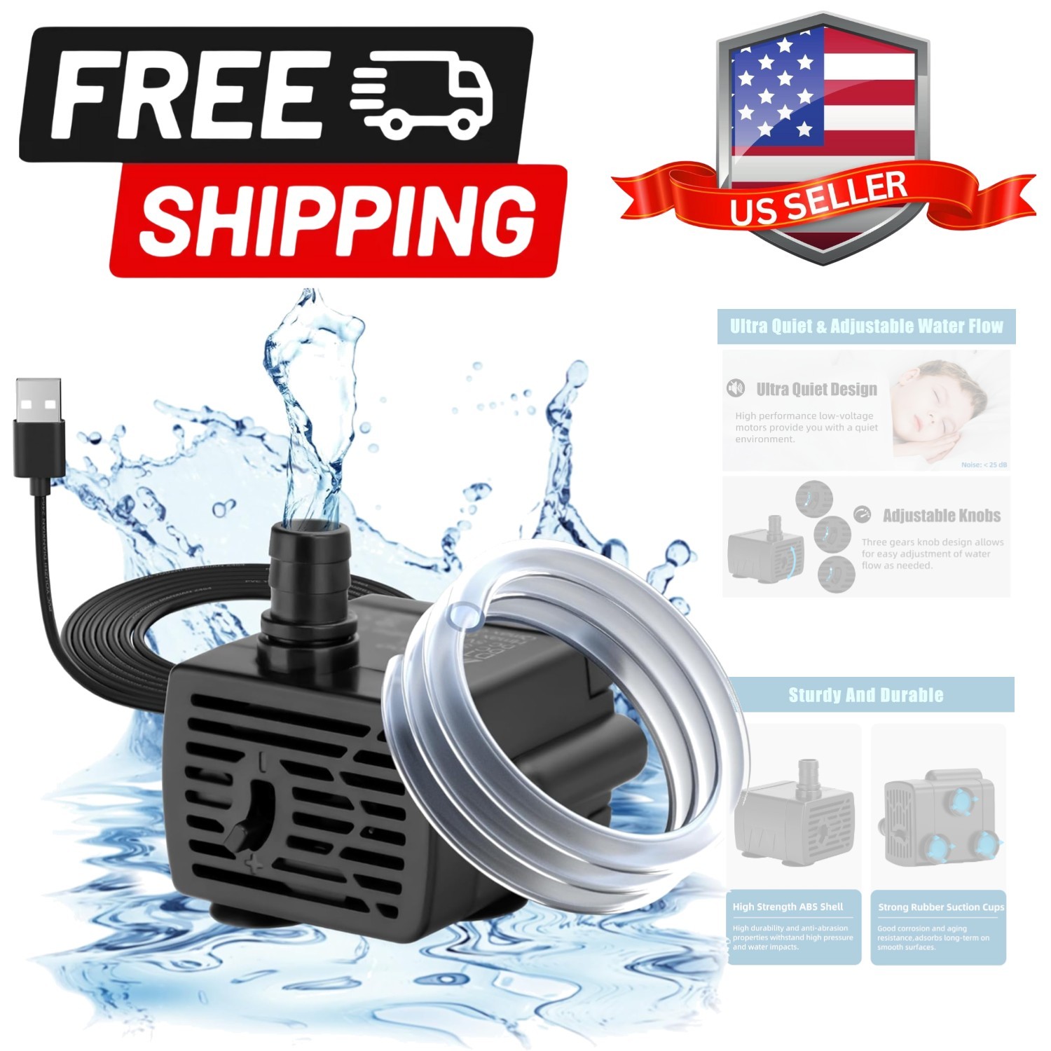 DC 5V USB Water Pump For Fish Tank 3W Mini Submersible Water Pump With Tubing...