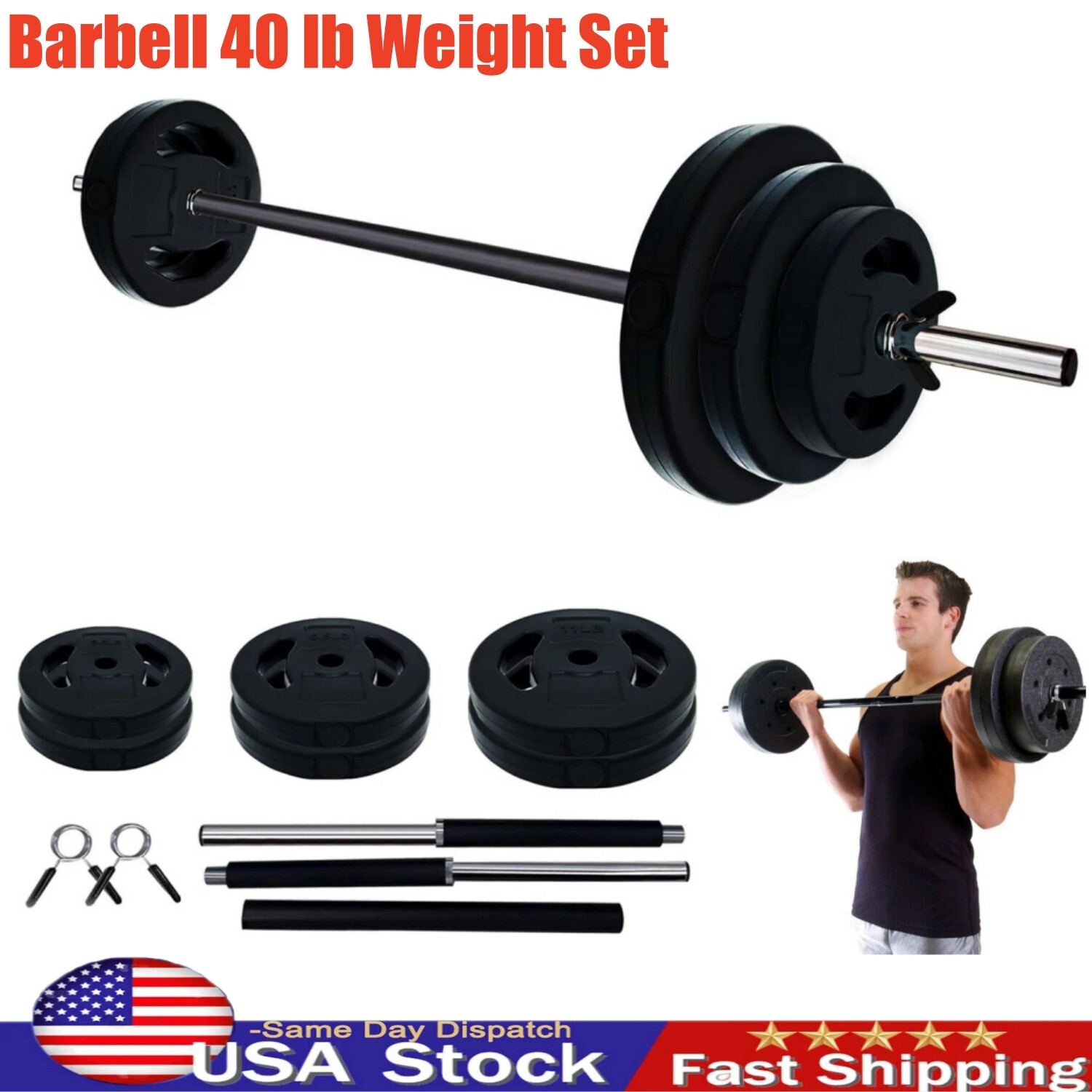 Barbell 40 lb Weight Set With Bar For Home Fitness Gym Full Body Workout