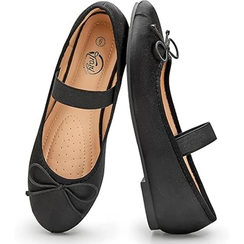 Trary Womens 6 Black Satin Elastic Strap Bow Slide On Closed Toe Ballet Flats