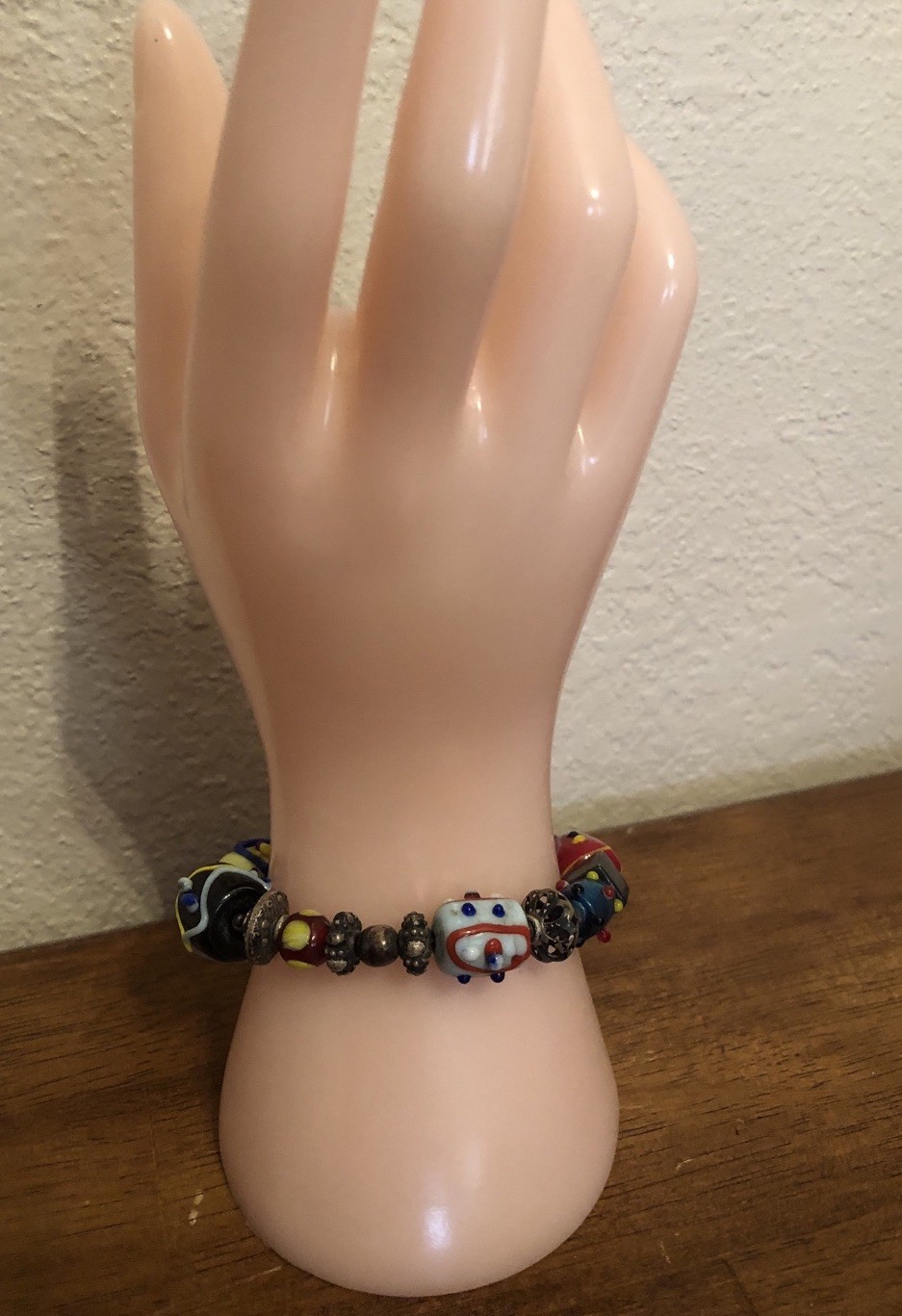Glass & Metal Bead Bracelet Colorful Beads W/Sterling Silver Toggle (Read) M1