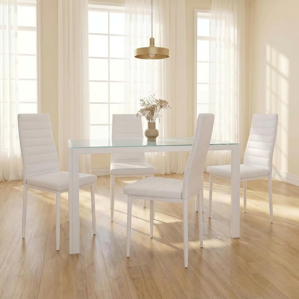 5 Piece Glass Dining Table Set, Kitchen and Chairs for 4, PU Leather Modern Room